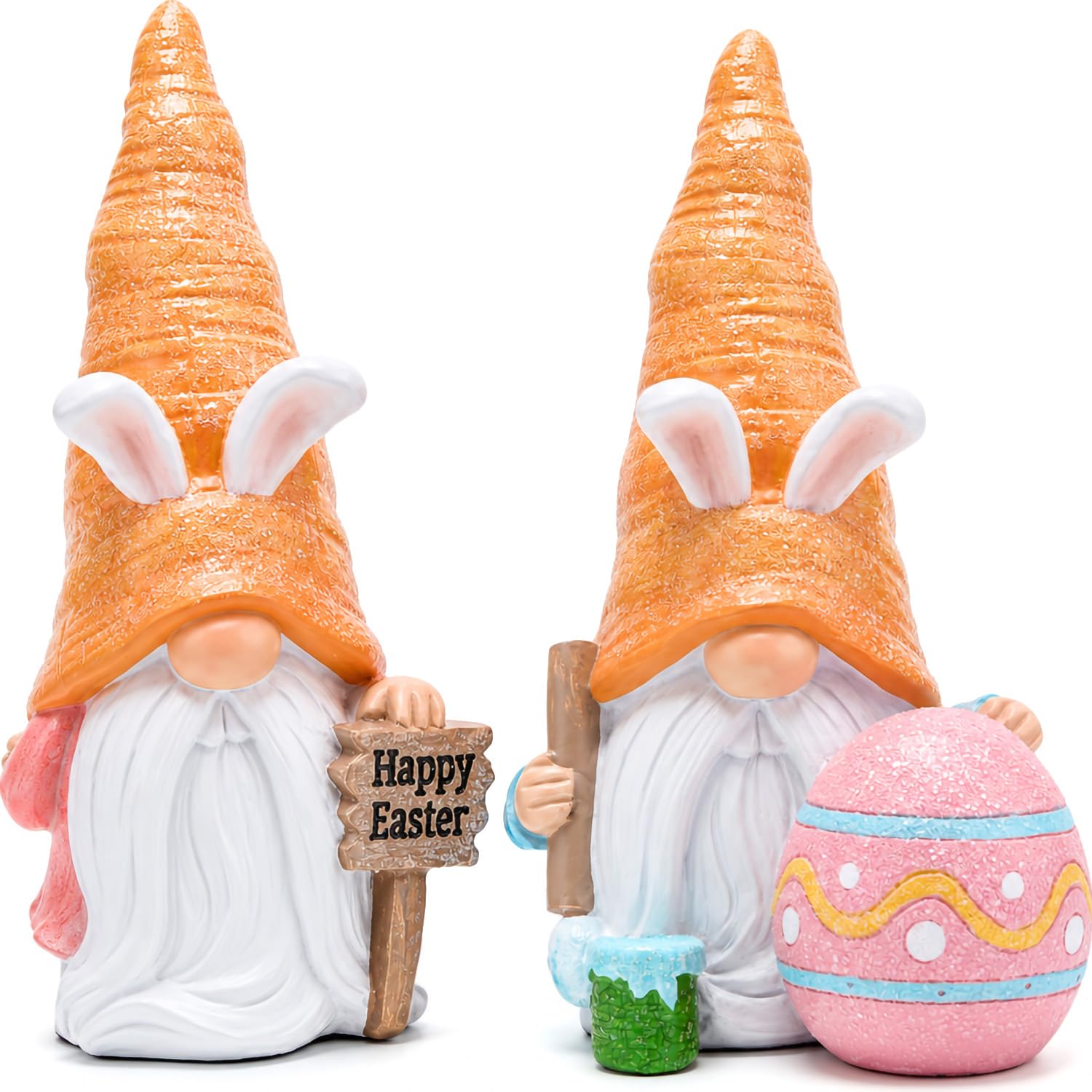 Decorazioni a forma di gnomo pasquale, 2 statuette di gnomo | Mensola da interni in resina dipinta a mano con vassoio a più livelli con cartello a forma di uovo di pulcino