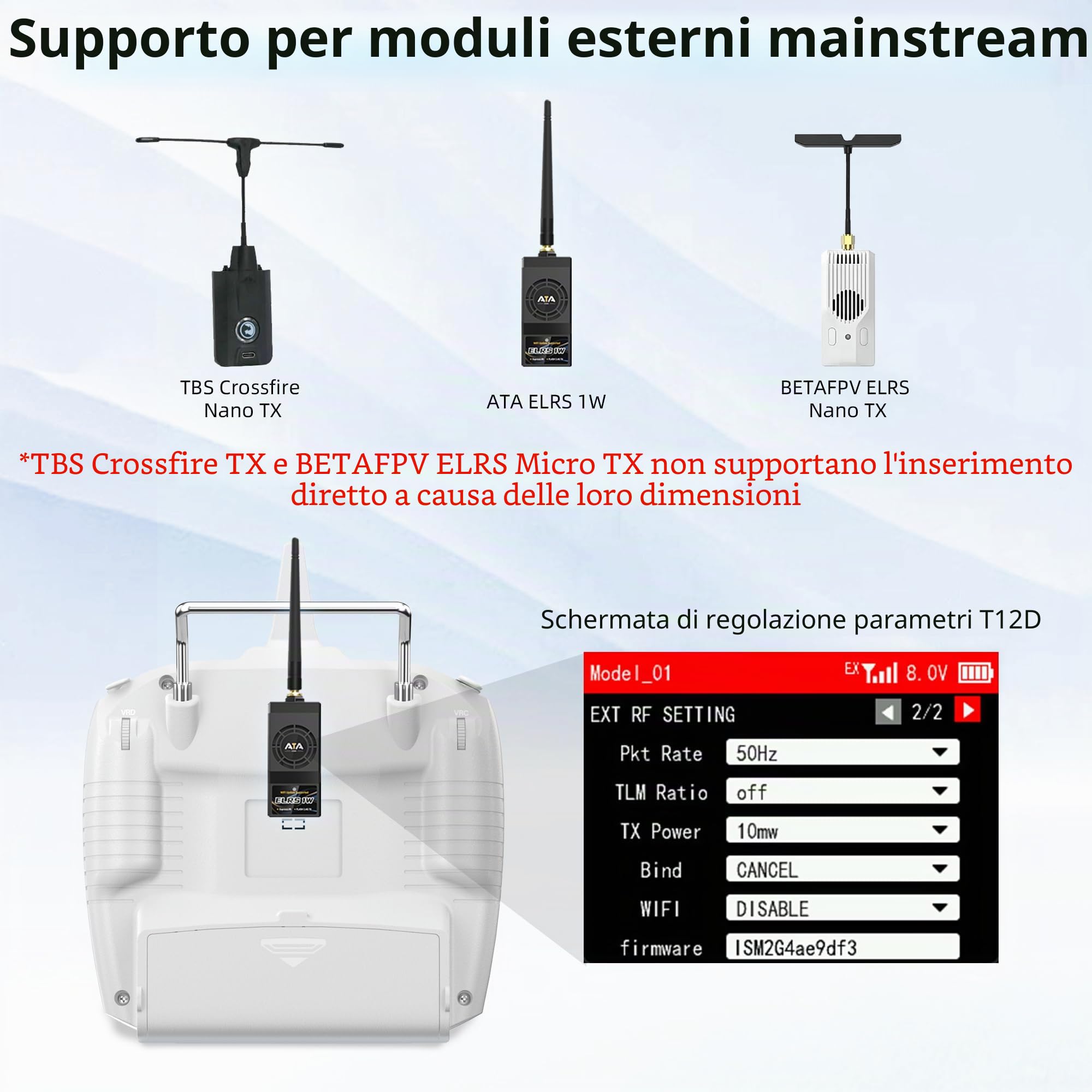 Radiolink T12D Trasmettitore RC 12CH e Ricevitore R12F, Radiocomando 2.4GHz Portata 4km, 50 Memorie Modelli, Supporta Moduli ELRS/TBS Crossfire per Droni, Aerei, Auto e Barche (Modo 2)