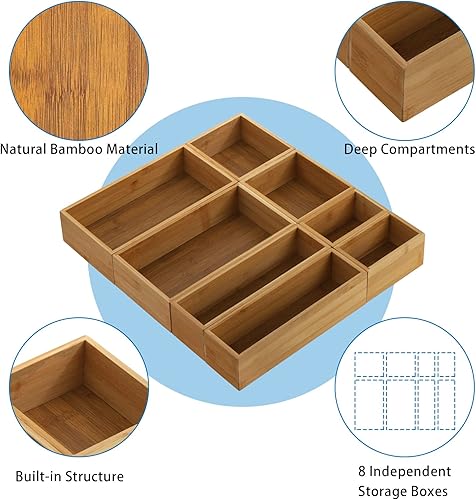 Miniatura 3 de Lawei 8 cajas organizadoras de cajones de bambú, organizador de cajones apilables, bandeja de almacenamiento de 4 tamaños, divisores versátiles,