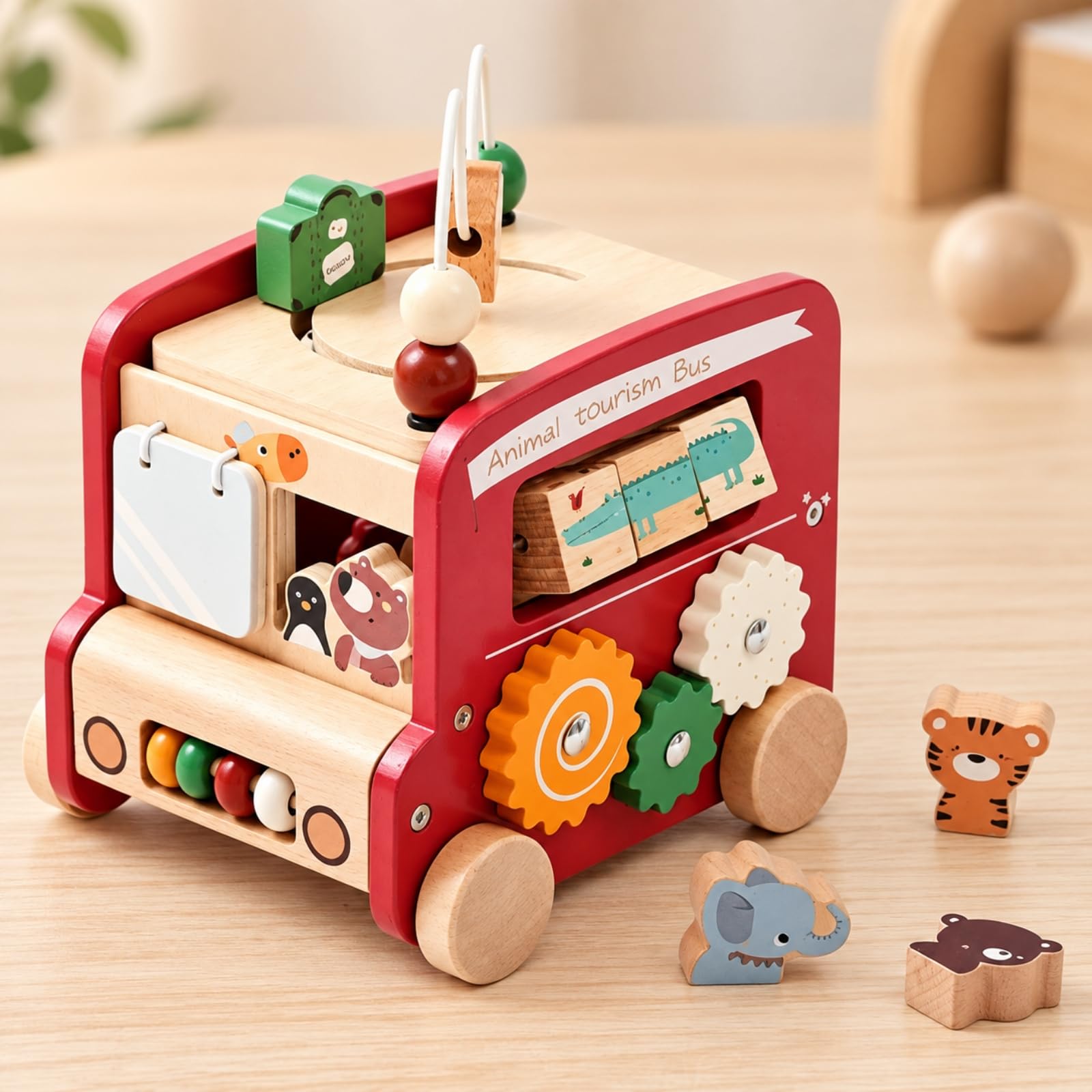 Véhicule'activité Éducatif en Bois Polyvalent Jeu Motricité Labyrinthe Perles Ludique Busy Board pr Jeunes Enfants, Rouge
