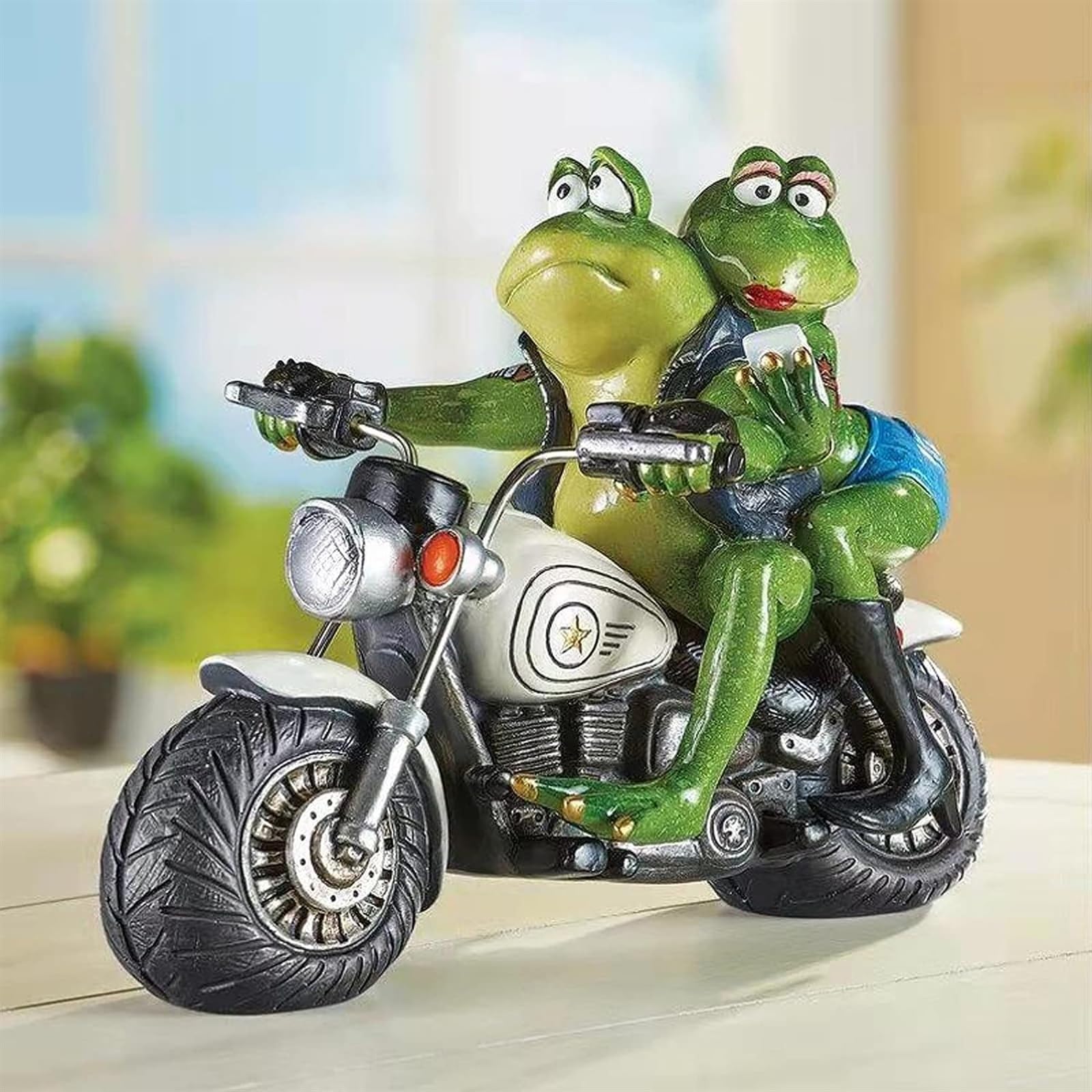 SADEW Żaby para na motocyklu dekoracje ogrodowe zabawny motocykl żaba statua ozdoby z żywicy do ogrodu kryty odkryty podwórko Patio,