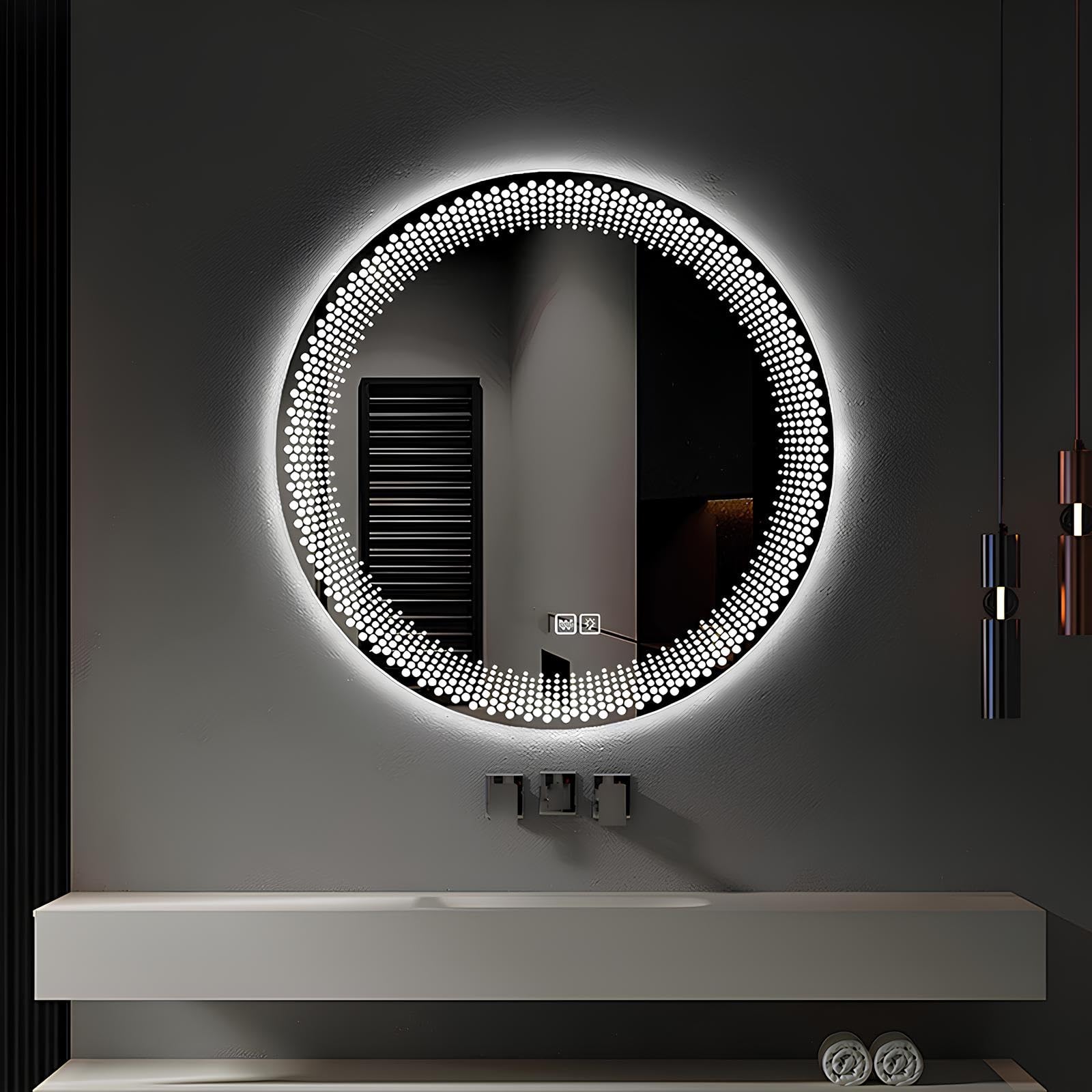 FGXHHS Round LED with Lights, 50/60/70/80/90CM Wall Mounted Vanity Anti-Fog, 3 Colors Dimmable, Touch Switch(50cm/19.7in)
