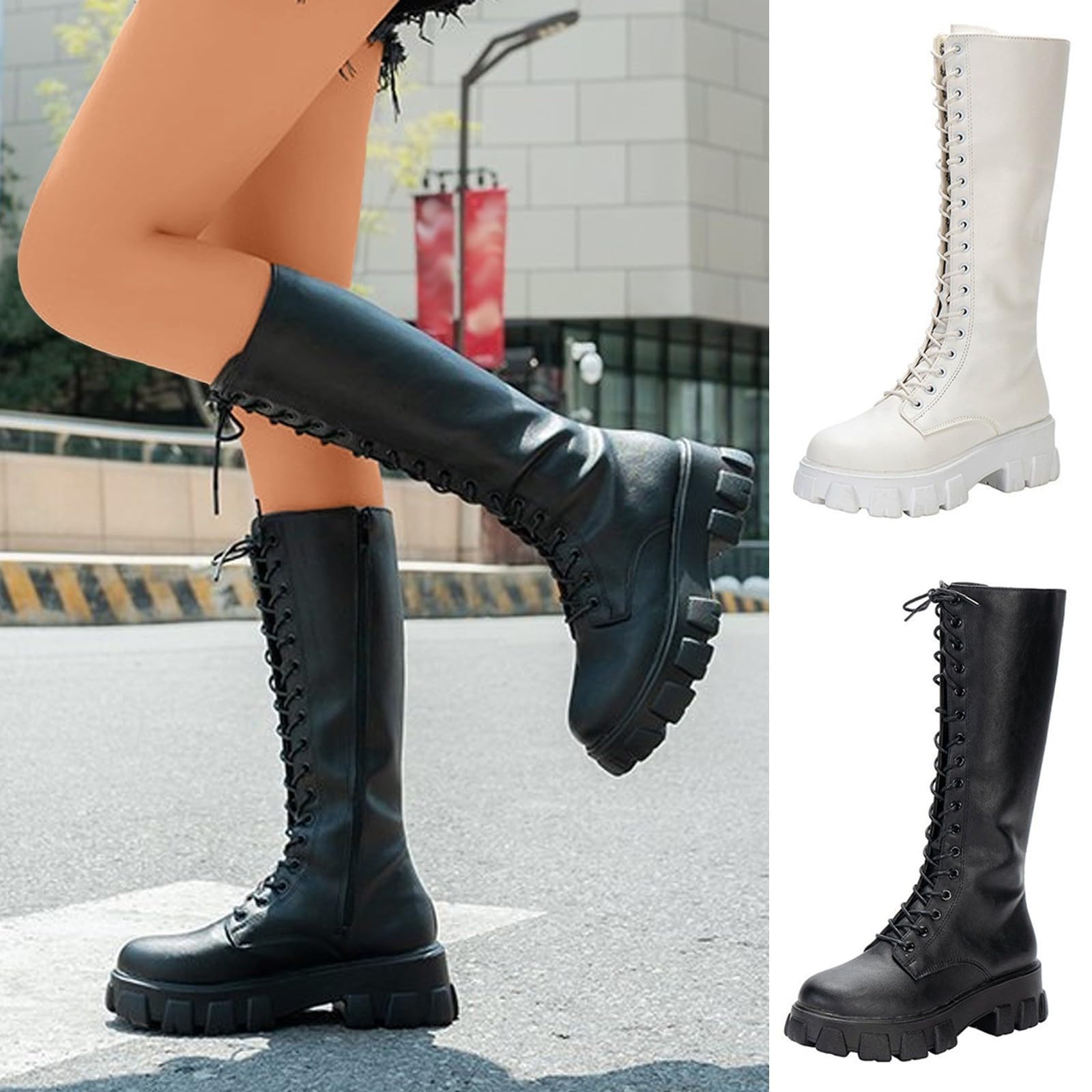 Stivali da cowboy da donna in pelle, con tacco alto, con tacco a blocco, suola profilata, stivali lunghi in pelle, con punta tonda