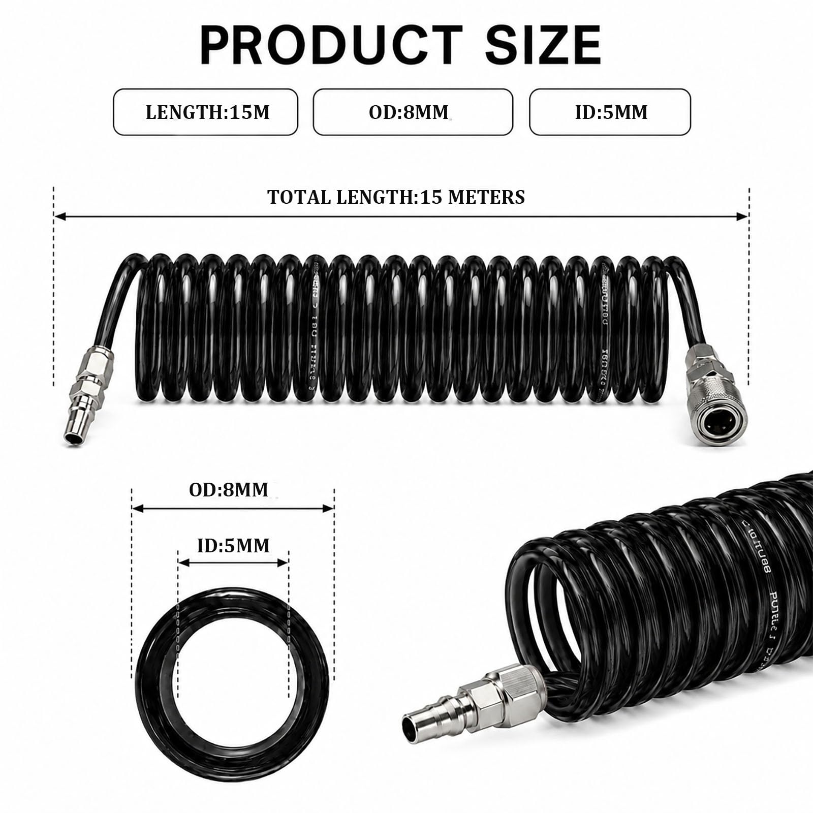 Tubo pneumatico 3-15 metri Nero PU a spirale con raccordi 8mm OD 5mm ID