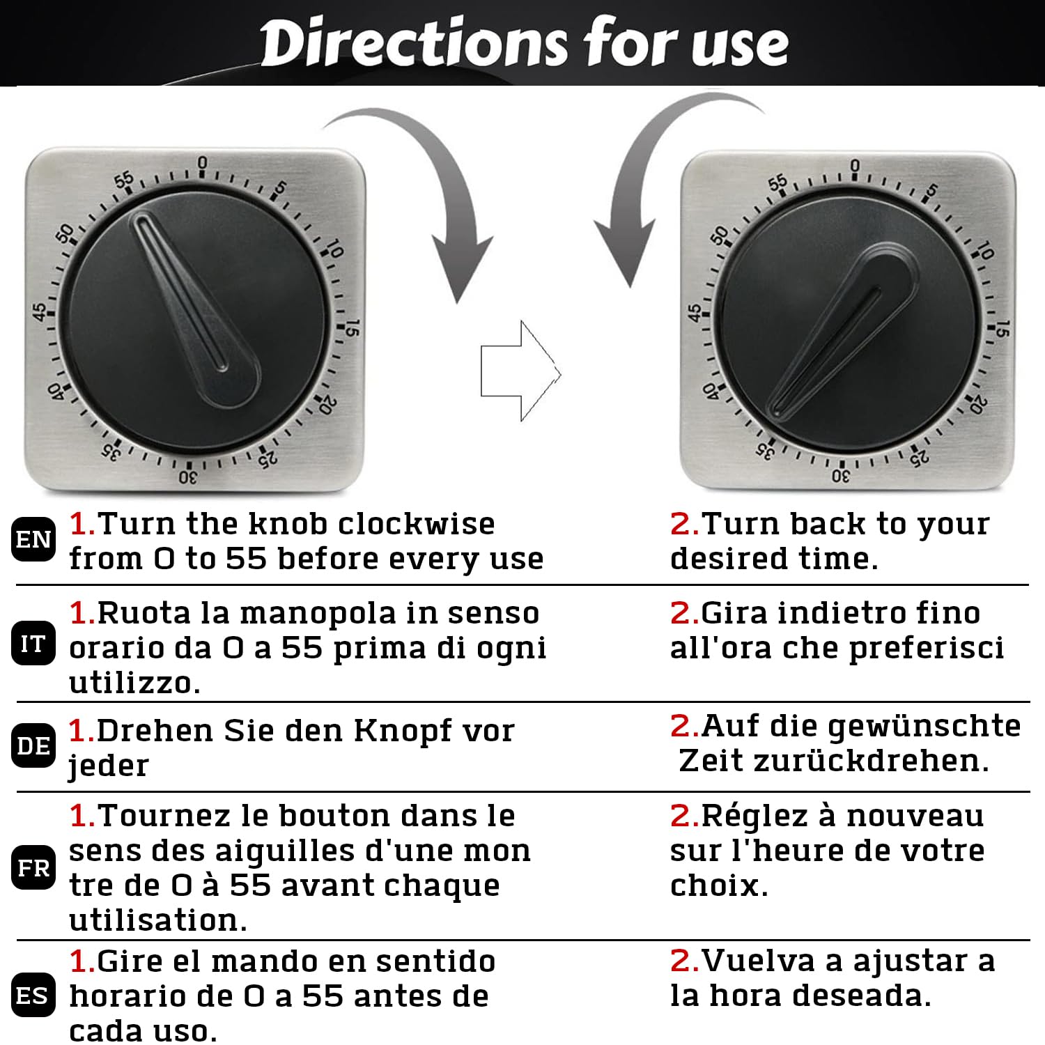 Kitchen Timers, Timer Da Cucina Con Allarme Forte, Non Richiede Batterie, 100% Meccanico - Retro Magnetico, Squisito Corpo in Acciaio Inossidabile - Promemoria Conto Alla Rovescia - Argento