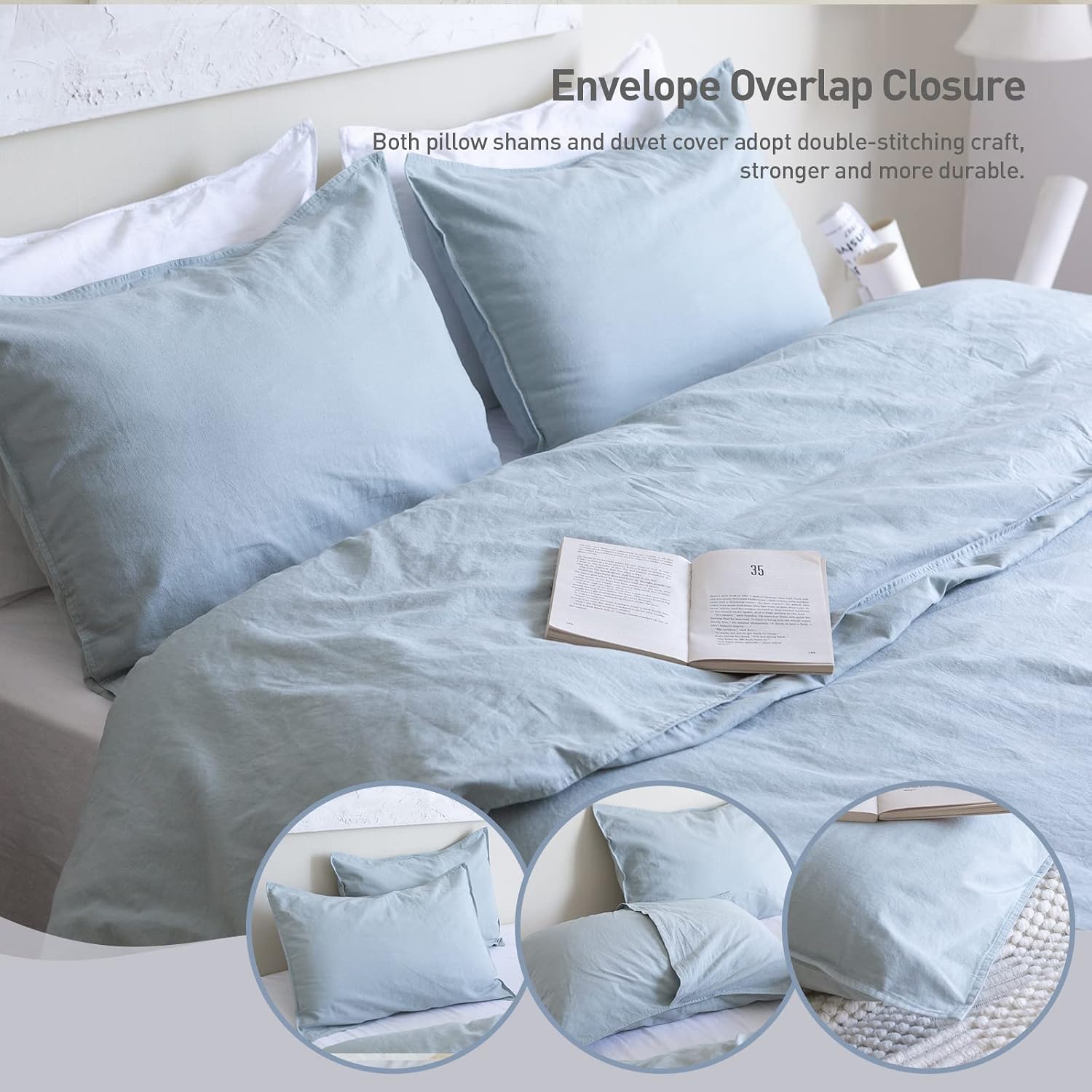 BISELINA French Linen Duvet Cover Set 3pcs with Hidden Zipper Closure Natural Flax Cotton Blend Solid Color Soft Breathable Luxury Farmhouse Bedding -Full Size, Dusty Blue image 5