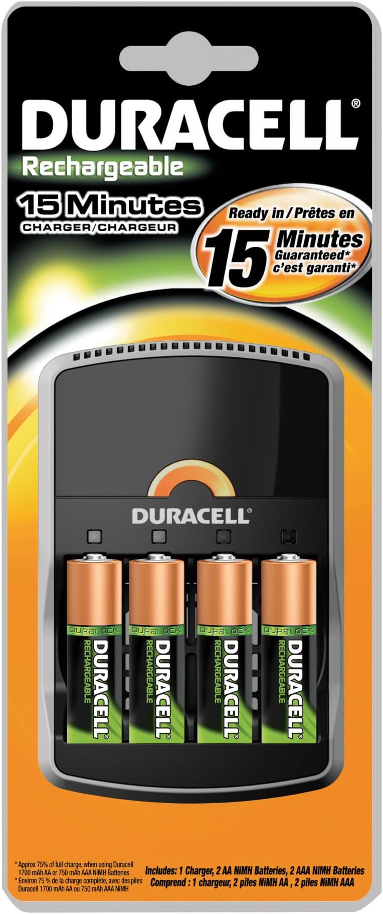 Duracell CEF15DX4 Rechargeable NiMH 15 Minute Battery Charger with 4 Pre-Charged AA Cells, 198mm Width x 190mm Height x 45mm Depth (Case of 4)