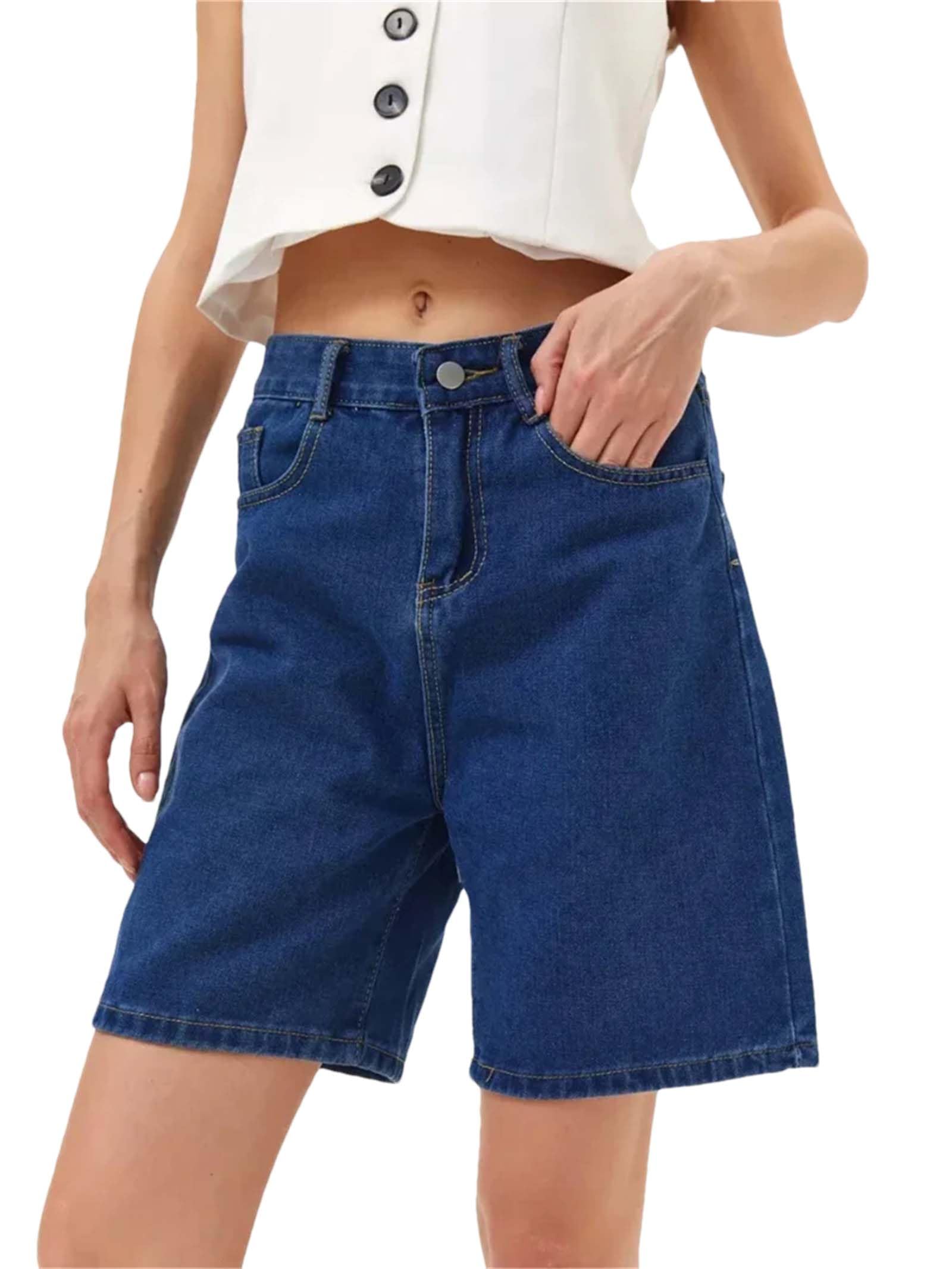 Short en jean bleu foncé extensible à taille haute d'été