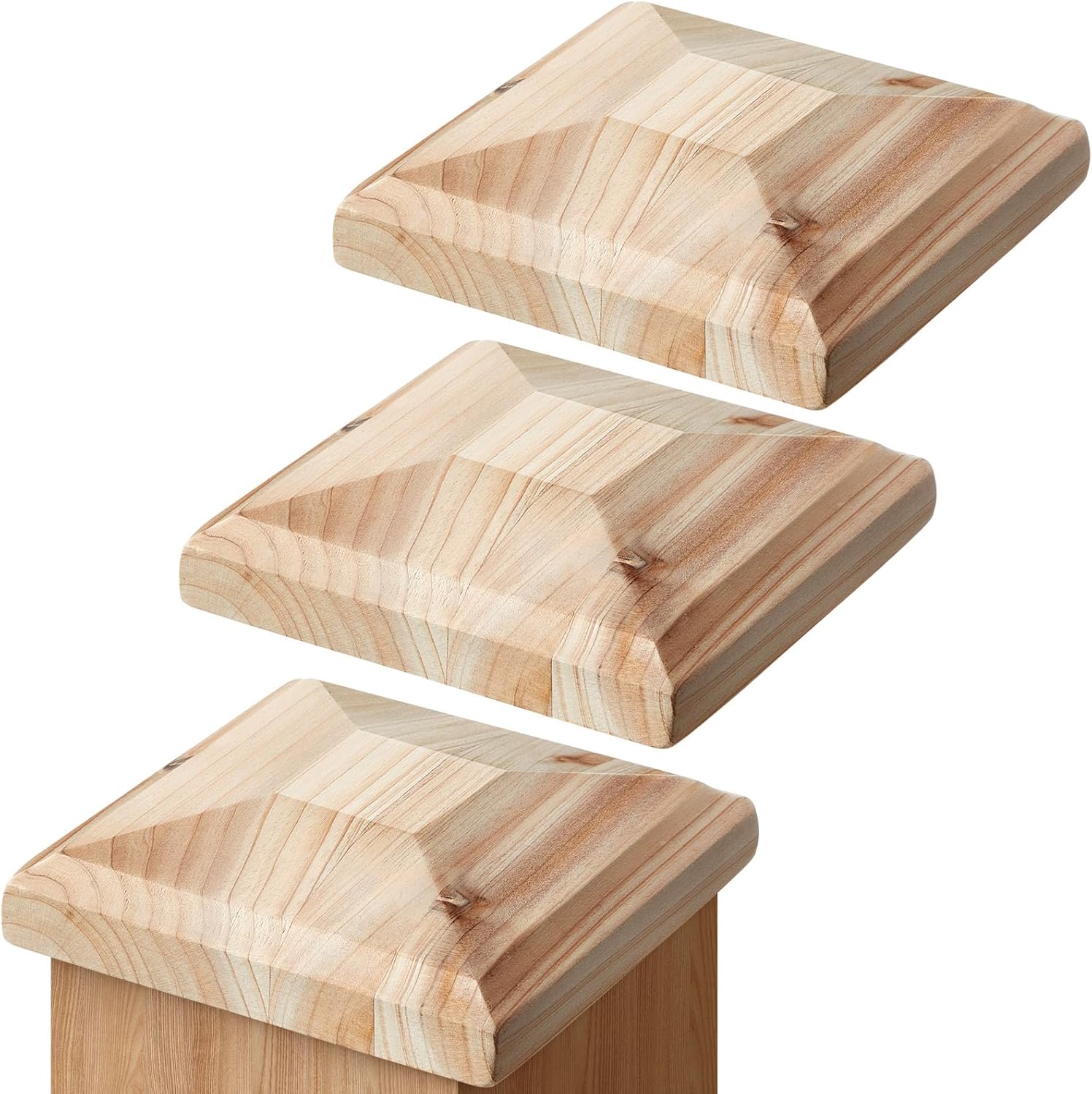 Hosuly 3 Pcs 4 x 4 (Actual 3 5/8) Wood Fence Post Cap Rot Resistant Cedar Deck Newel Post Caps for Outdoor Wooden Fences, Pyramid Style