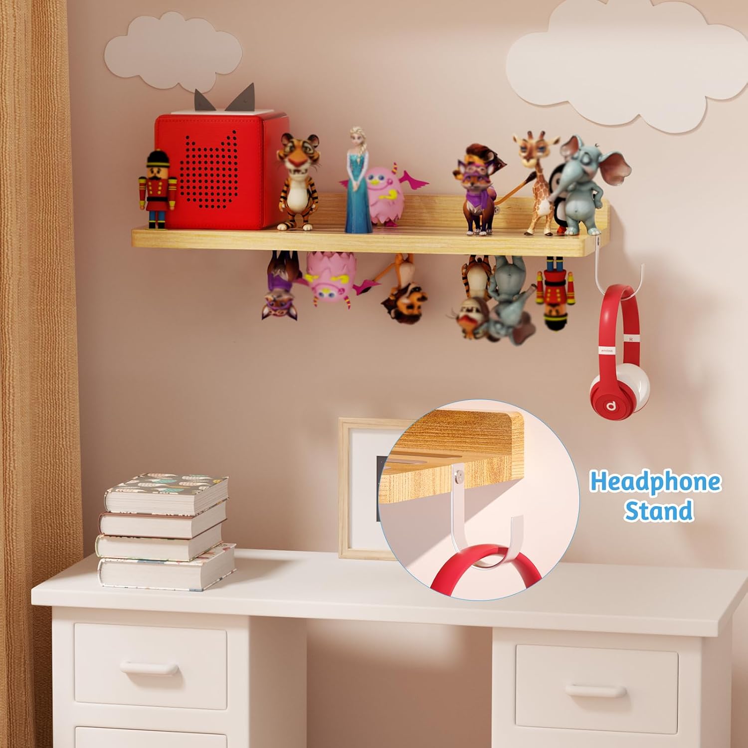 for Tonies Shelf Magnetic - Tonies Figure Organizer for Kids Room, Wooden Magnetic Display Shelf for Tonies Box Holder, Wall Floating Shelves Toy Storage Compatible Charging Station (1 Tier, Wood)