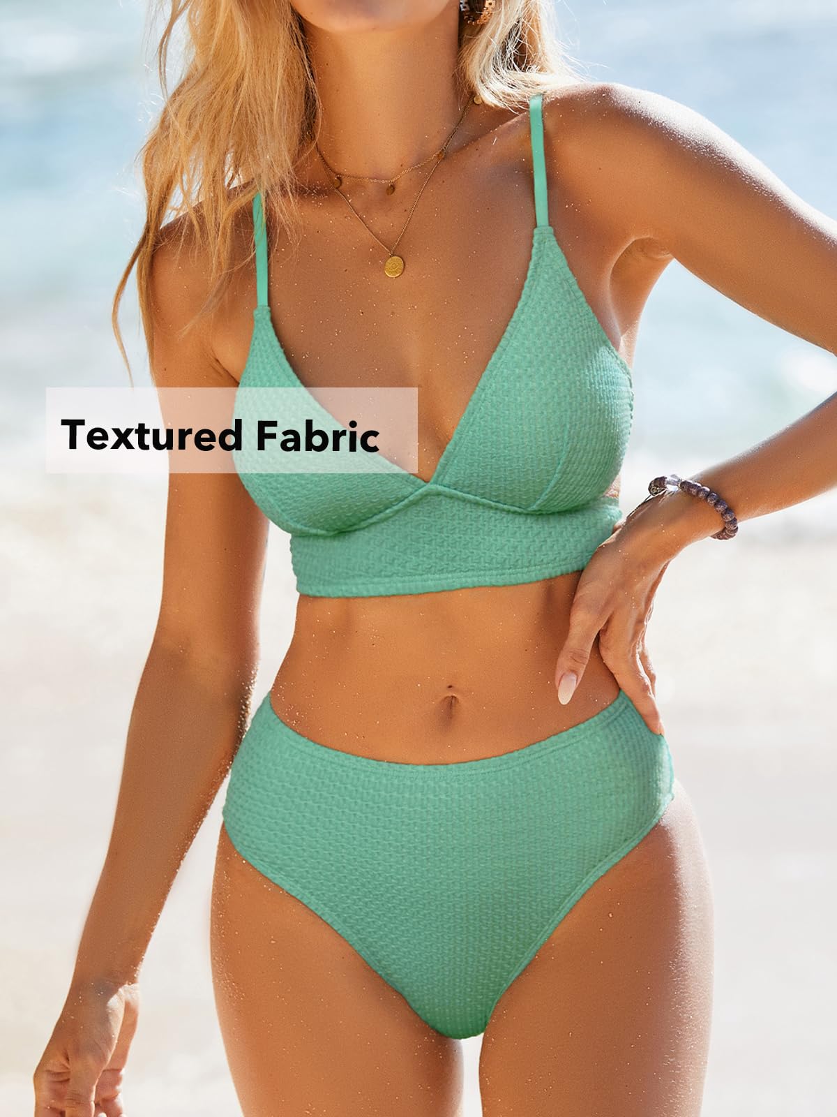CUPSHE Damski zestaw bikini z dekoltem w kształcie litery V, trójkąt, szeroka taśma pod biustem, Lace Up Mid Waist Bikini moda kąpielowa, dwuczęściowy strój kąpielowy