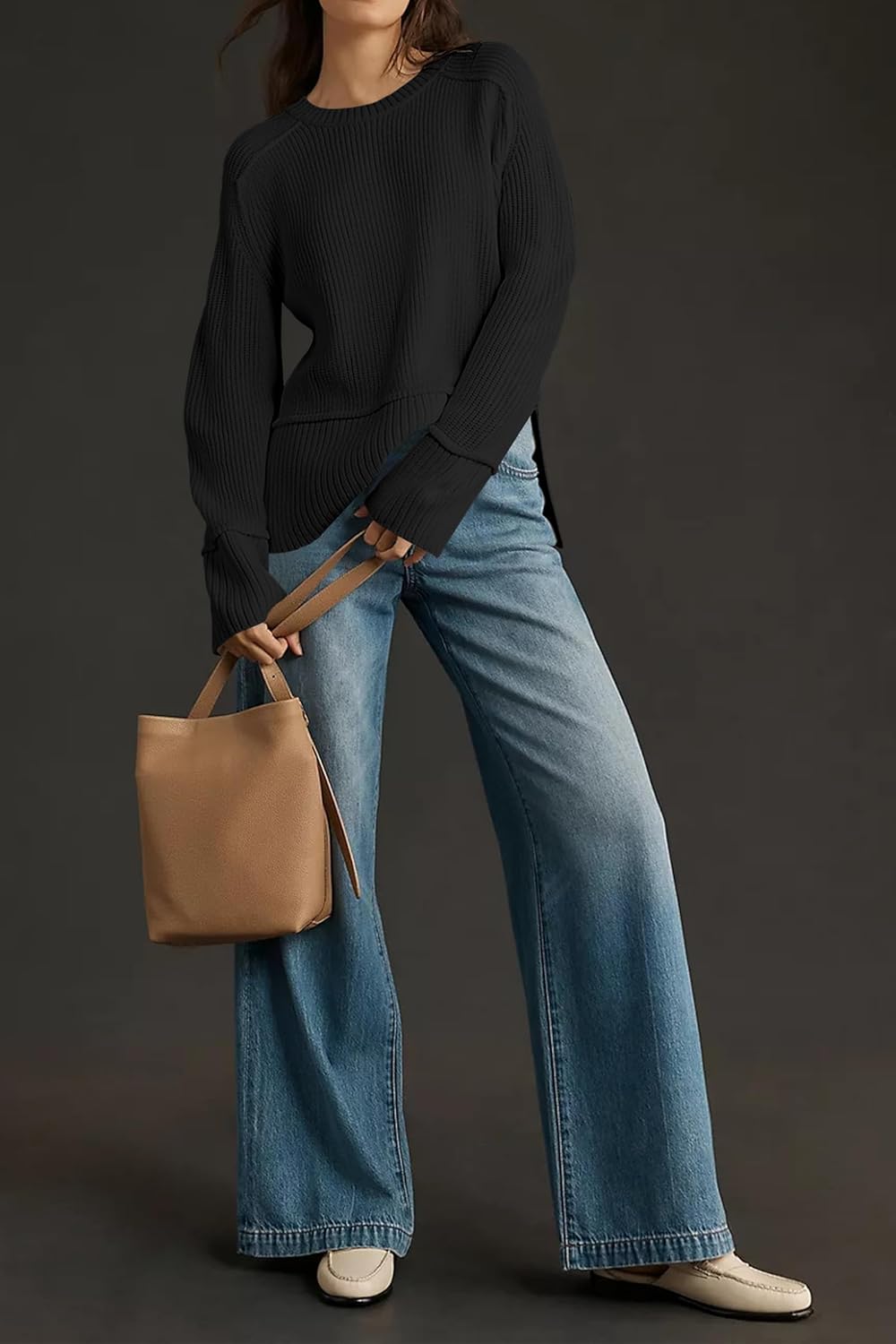 Cakulo Womens Oversized Sweaters Split 2025 Fall Knit Long Sleeve Crew Neck Ribbed Pullover Loose Cozy Soft Sweater - Image 8