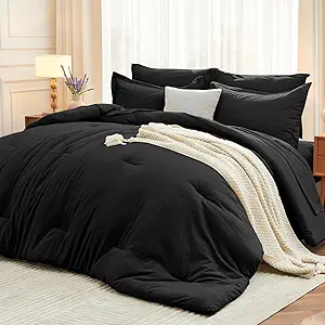 MUXHOMO 5 Pieces Twin XL Comforter Set, Soft Bed in a Bag Twin XL Size, All Season Bedding Set with Comforter, Flat Sheet, Fitted Sheet, Pillowcases & Shams, Black