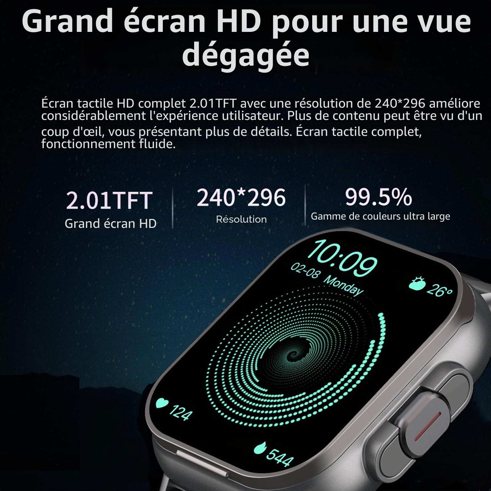 Montre Intelligente avec écouteurs, écran HD 2,01 pour Hommes et Femmes, Tracker d'activité étanche IP67, 100 + Mode Sport, Moniteur de Sommeil Fréquence Cardiaque, Podomètre pour Android et iOS