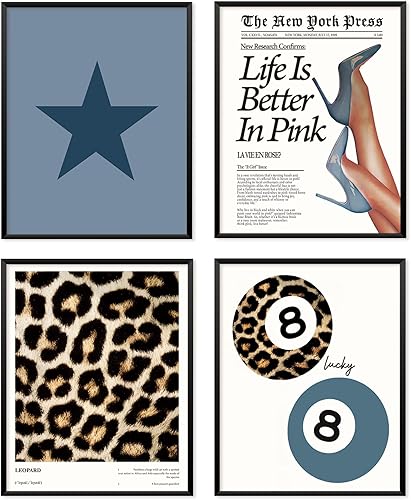 Locomiss Pósteres de arte de pared de leopardo azul marino, decoración de habitación con estampado de leopardo, estampado retro de guepardo funky de