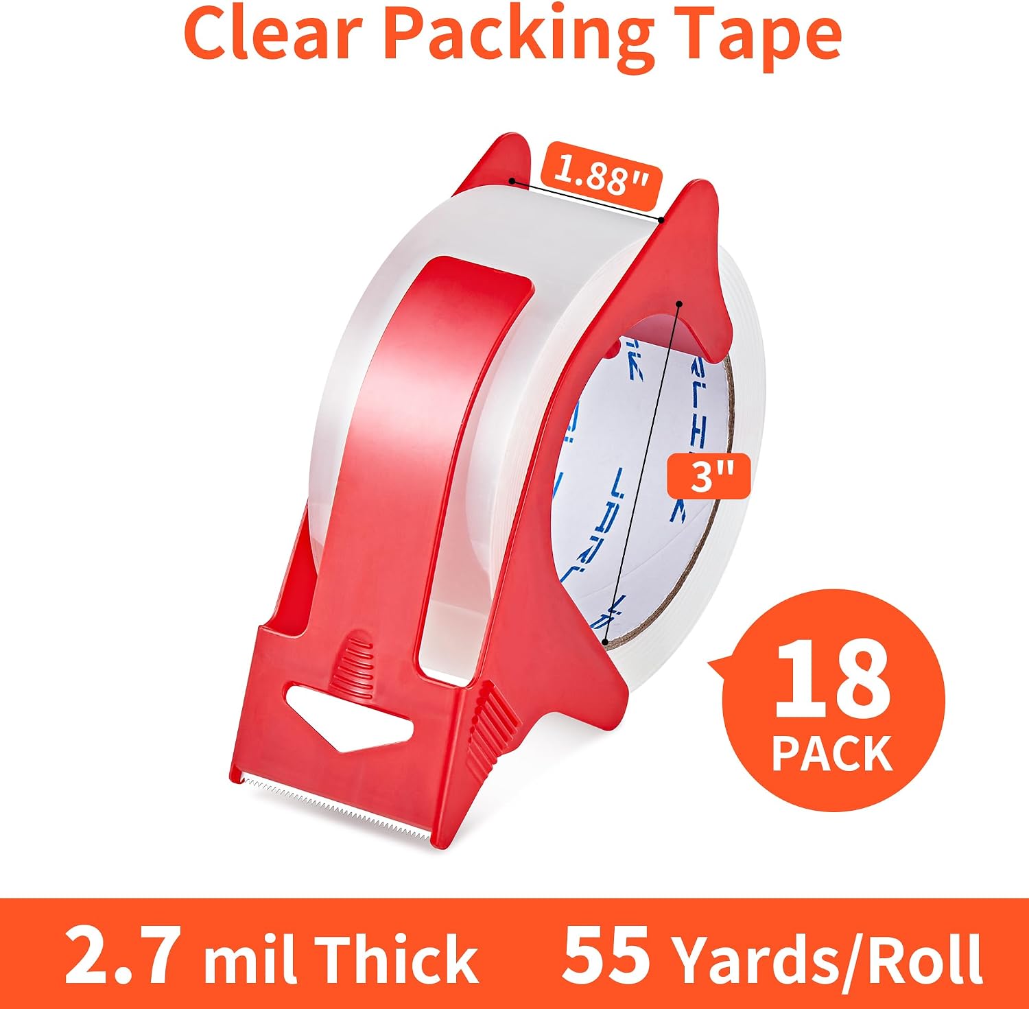 JARLINK 18 Rolls Clear Packing Tape with 3 Dispensers, Heavy Duty Packaging Tape Refills for Shipping Packaging Mailing, 2.7mil Thick, 1.88 inches Wide, 55 Yards Per Roll, 990 Total Yards