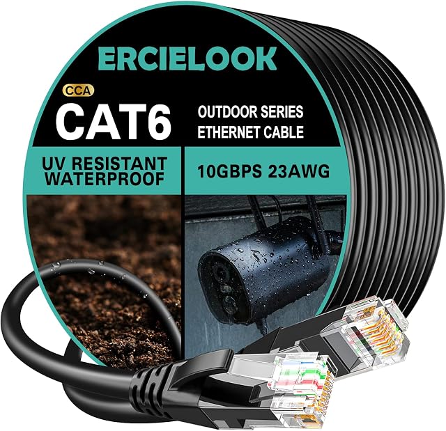 Ercielook Cat6 Câble Ethernet extérieur 200ft, Haute vitesse 23AWG 10Gbps CCA UTP Câble réseau - Enterrement direct LLDPE UV manteau LAN Cord