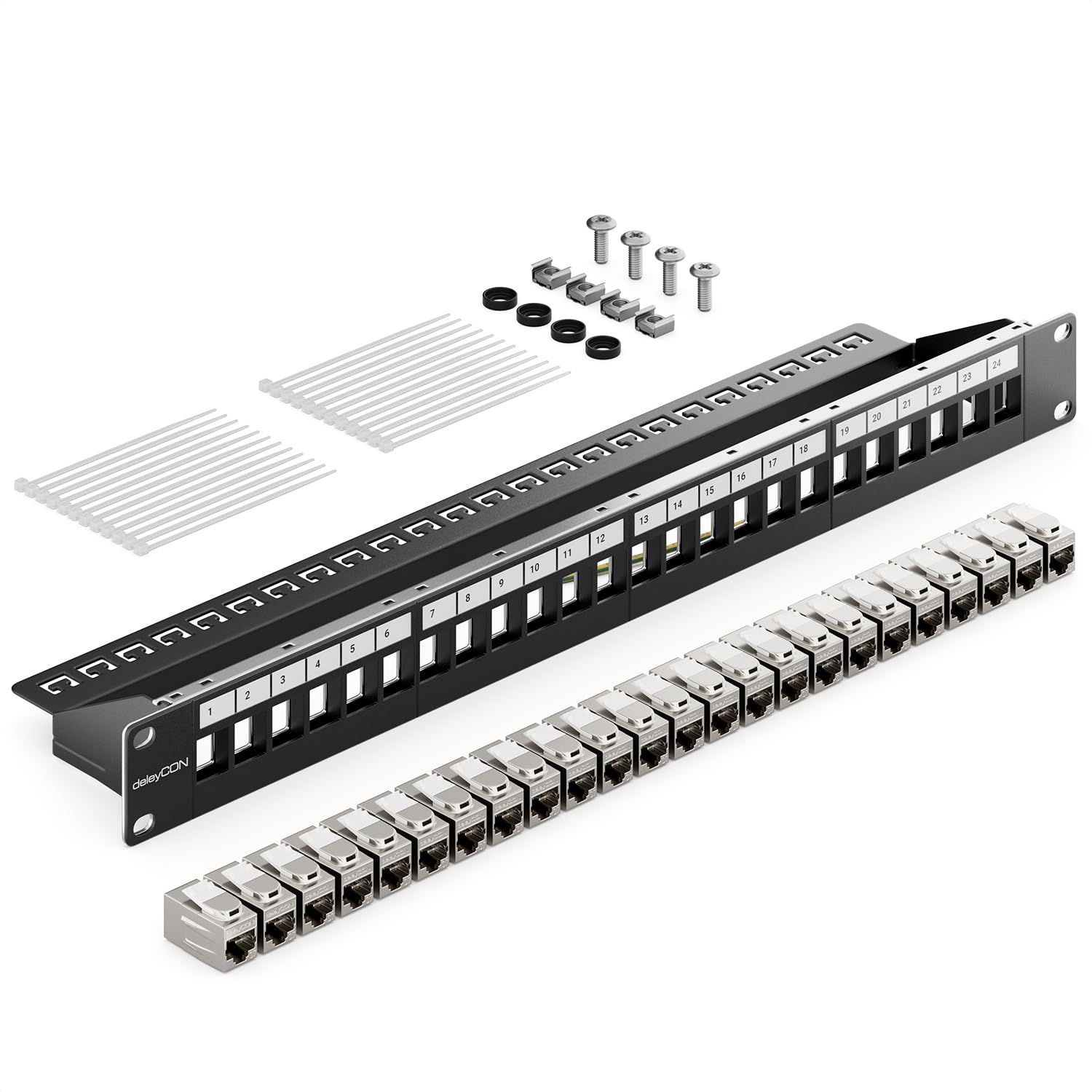deleyCON 24 Port CAT 7 Panneau Patch Modulaire 1 HE + 24x RJ45 Coupleur (Prise vers Prise) CAT 7 Keystone Module - 19" Pouces Montage Rack Serveur Compatible avec CAT5 CAT6 CAT7 CAT8 Câble Patch Noir