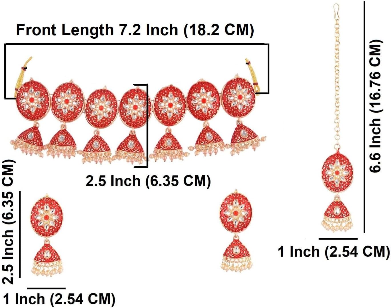 Efulgenz Meenakari Choker Set Antique Choker Kundan Faux Pearl Jhumki Tassel Necklace Jhumka Earrings Maang Tikka Head Chain Jewelry Set for Women - Image 5