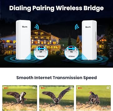 Point to Point Wireless Bridge Outdoor,UeeVii CPE850 5.8G 1200Mbps 5KM CPE for Extend Network to Outbuildings Barn Shop Garage with 16dBi WiFi Antenna 24V PoE Power IP65 Waterproof 2-Pack