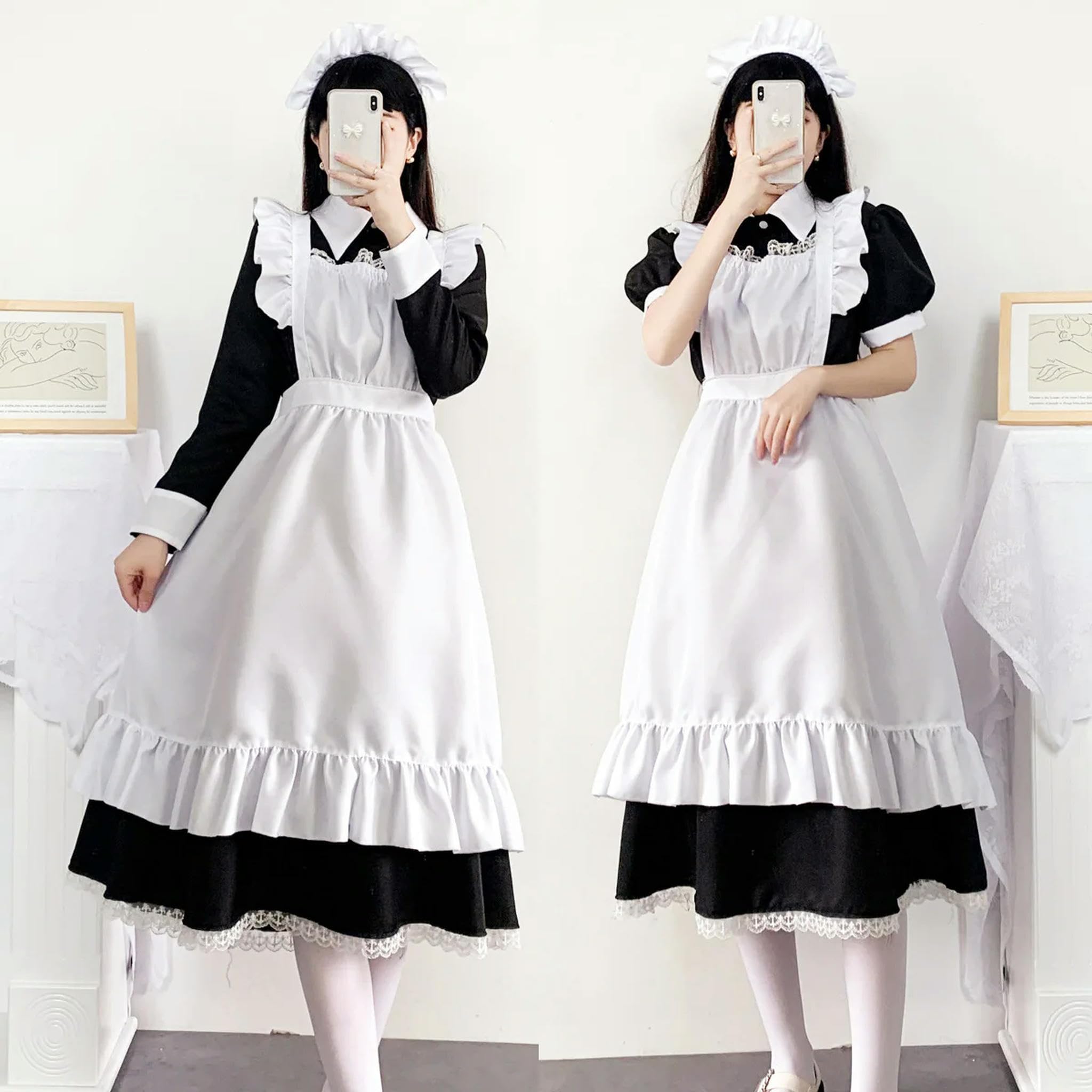 Vestito da Cameriera Carino da Donna, Vestito da Cameriera, Grembiule, Travestimento, da maggiordomo, Uniforme, Manica Lunga, XL