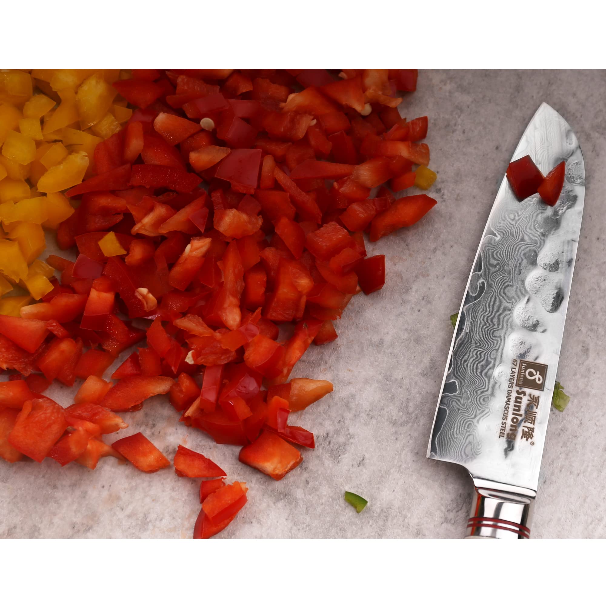 Sunlong Couteaux Santoku 12,7cm Couteaux de chef - Acier damas japonais - Poignée naturelle de cerf