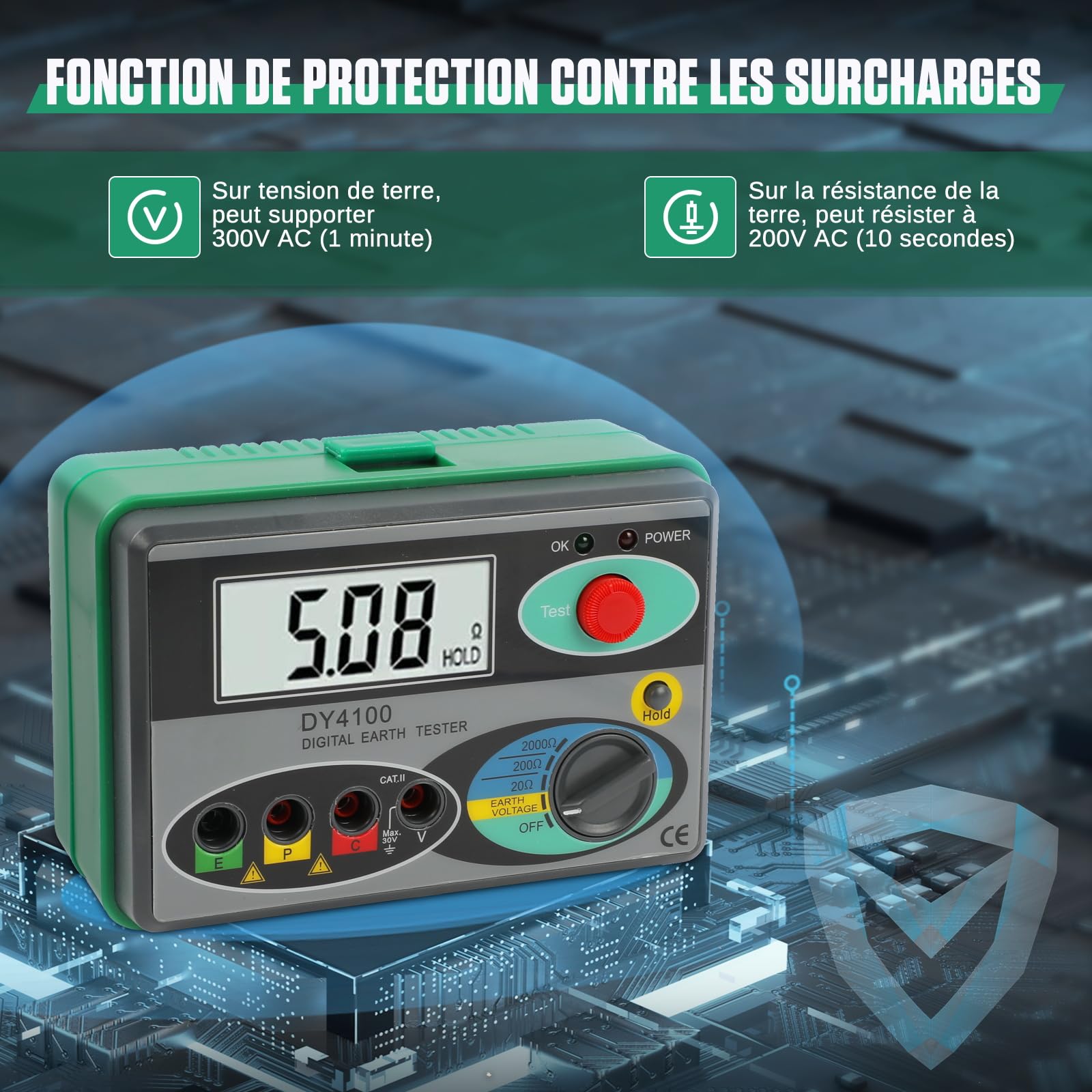 KAISAL Testeur de Terre et de Résistance Electrique 0~2000Ω Testeur de Résistance à la Terre Digital LCD Machines de Mesure de la Résistance du Sol Mégohmmètre
