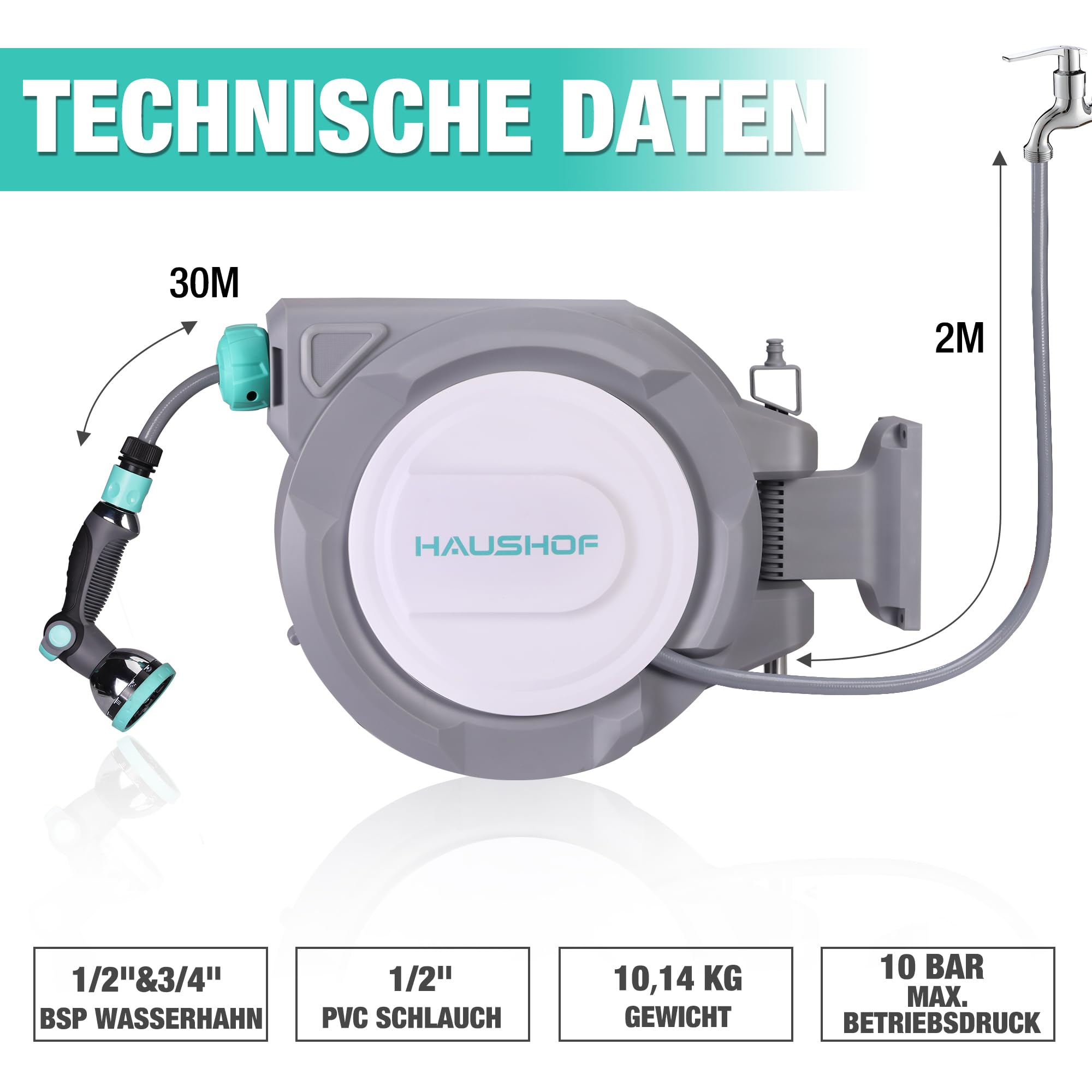 HAUSHOF Schlauchtrommel 30+2m Gartenschlauchaufroller mit 180° Schwenkbarer Wandhalterung und 10 Sprühmodi, Wandmontage Schlauchbox mit Automatisches Aufrollen für Garten, Autowäsche