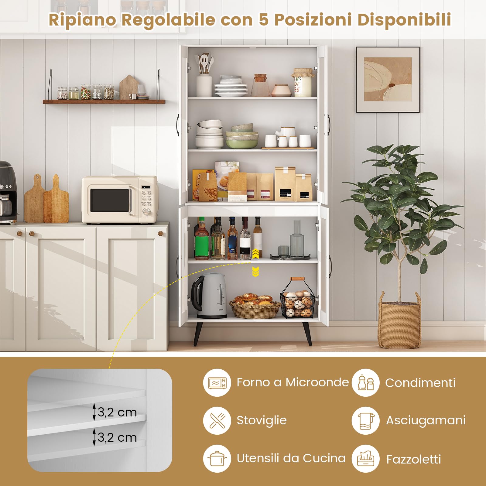 RELAX4LIFE Dispensa Cucina, Credenza Autonoma con Ante Traslucide & Ripiano Regolabile, Armadio Alto Moderno per Soggiorno, Sala da Pranzo, Ufficio a Casa, 80 x 40 x 178,5 CM, Nero/Bianco (BIANCO)