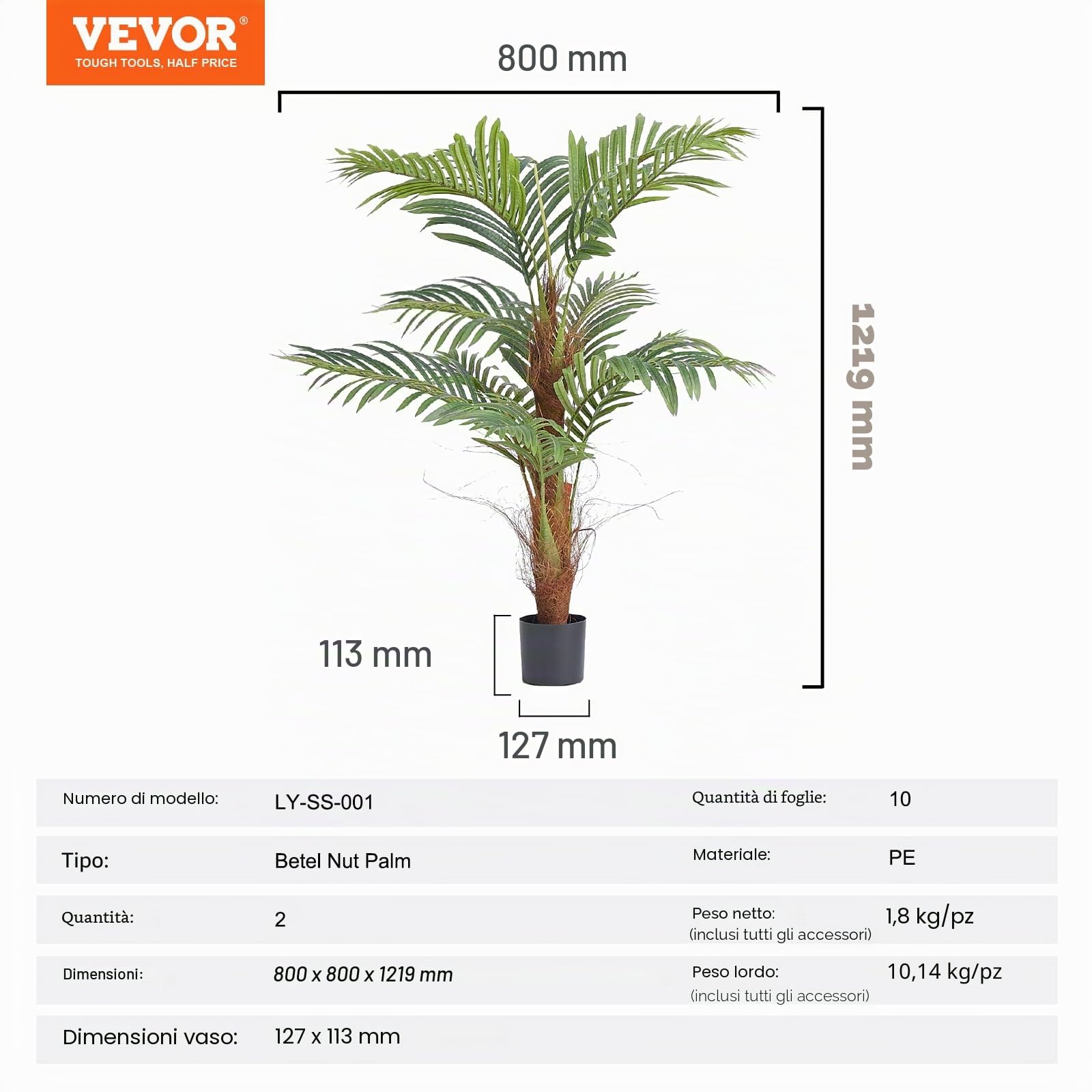 VEVOR Albero Artificiale, Pianta Finta 2 Pezzi Alta 1,22 m Areca Palma Noce di Betel Realistica, Materiale PE di Qualità e Protezione Anti-Ribaltamento, Decorazione per Casa Ufficio Interno ed Esterno