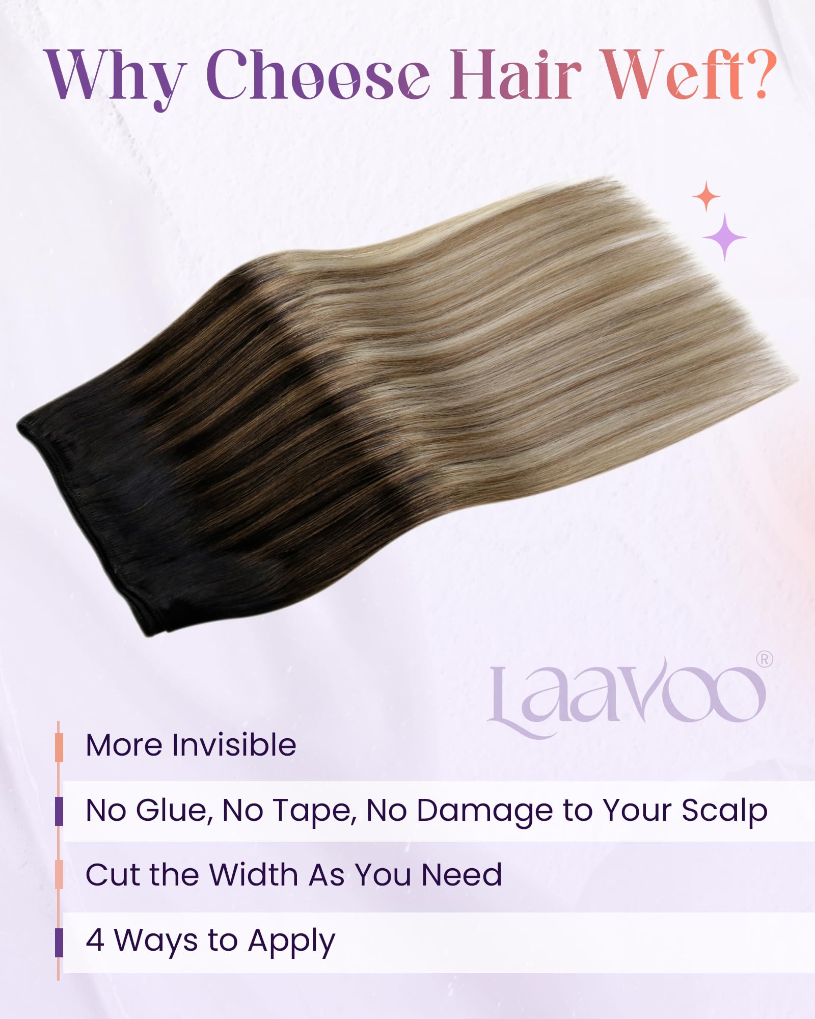 LaaVoo Weft Hair Extensions Real Human Hair Black Sew in Hair Extensions 100g 18 Inch Full Head Straight Balayage Light Brown & Blonde Remy Invisible Double Weft Weave #1b/8/22 - Image 2