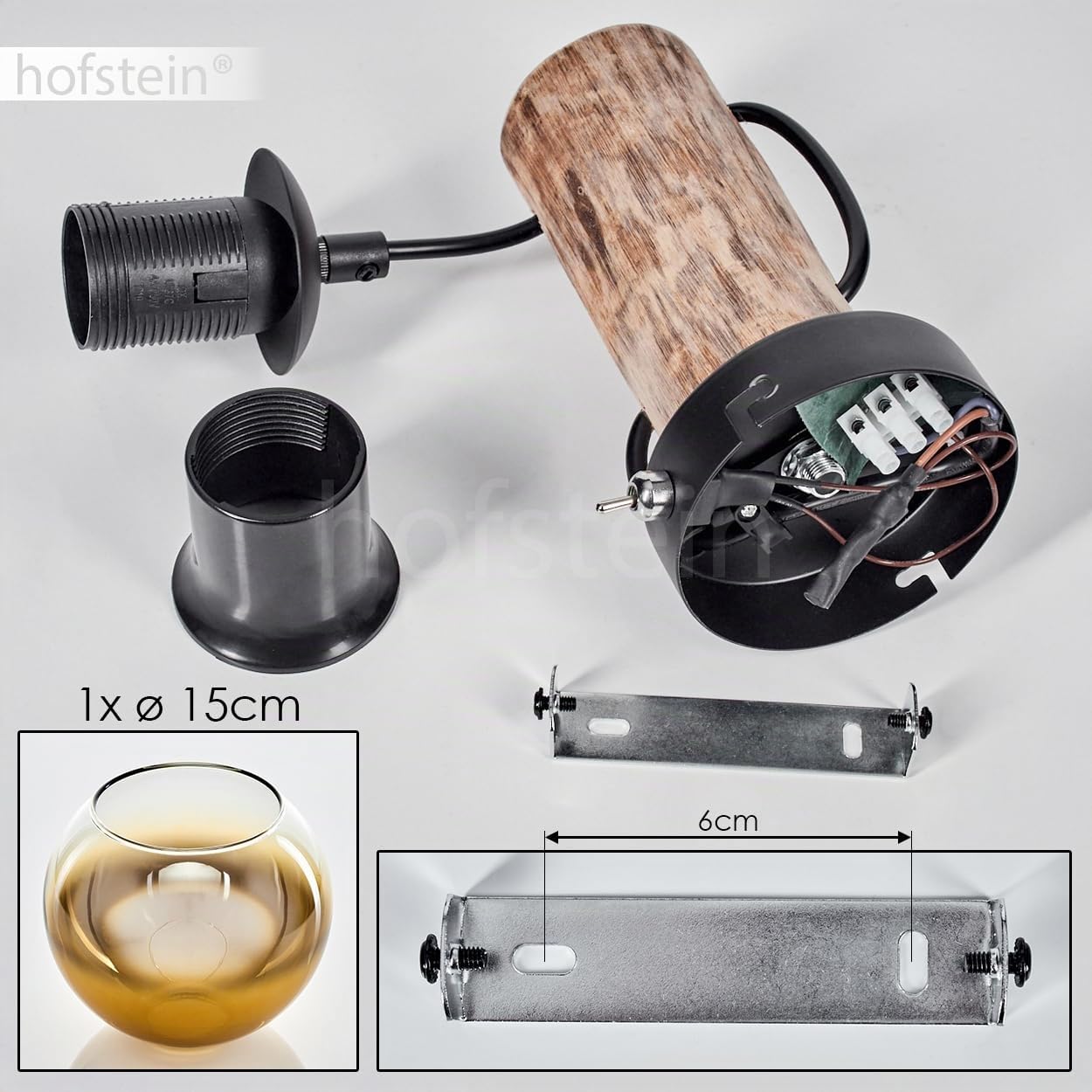 Wandleuchte Koyoto, Wandlampe aus Metall/Holz/Glas in Schwarz/Natur/Gold/Klar, Leuchte im Retro/Vintage-Design mit Schirm aus Glas (Ø 15 cm) u. An/-Auschalter am Gehäuse, 1 x E27, ohne Leuchtmittel