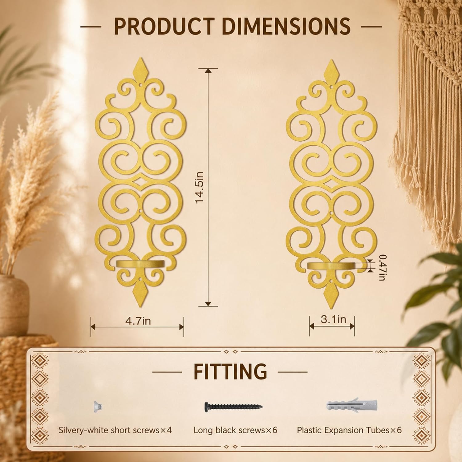 OYEFLY Wall Candle Holder Set of 2 Metal Wall Candle Sconces for Living Room Bedroom Dining Room Botanical Iris Inspired Decor Gold Metal 5.35 x 3.15 x 14.57 Inch (Gold)