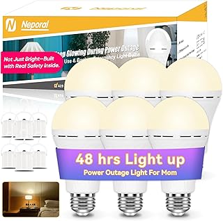 Neporal LITE Emergency Rechargeable Light Bulbs E26, Light Up to 48 hrs, Battery Operated Light Bulb, A19 LED Bulb, Emergency Lights for Home Power Failure (6, Soft White, 12, Watts)