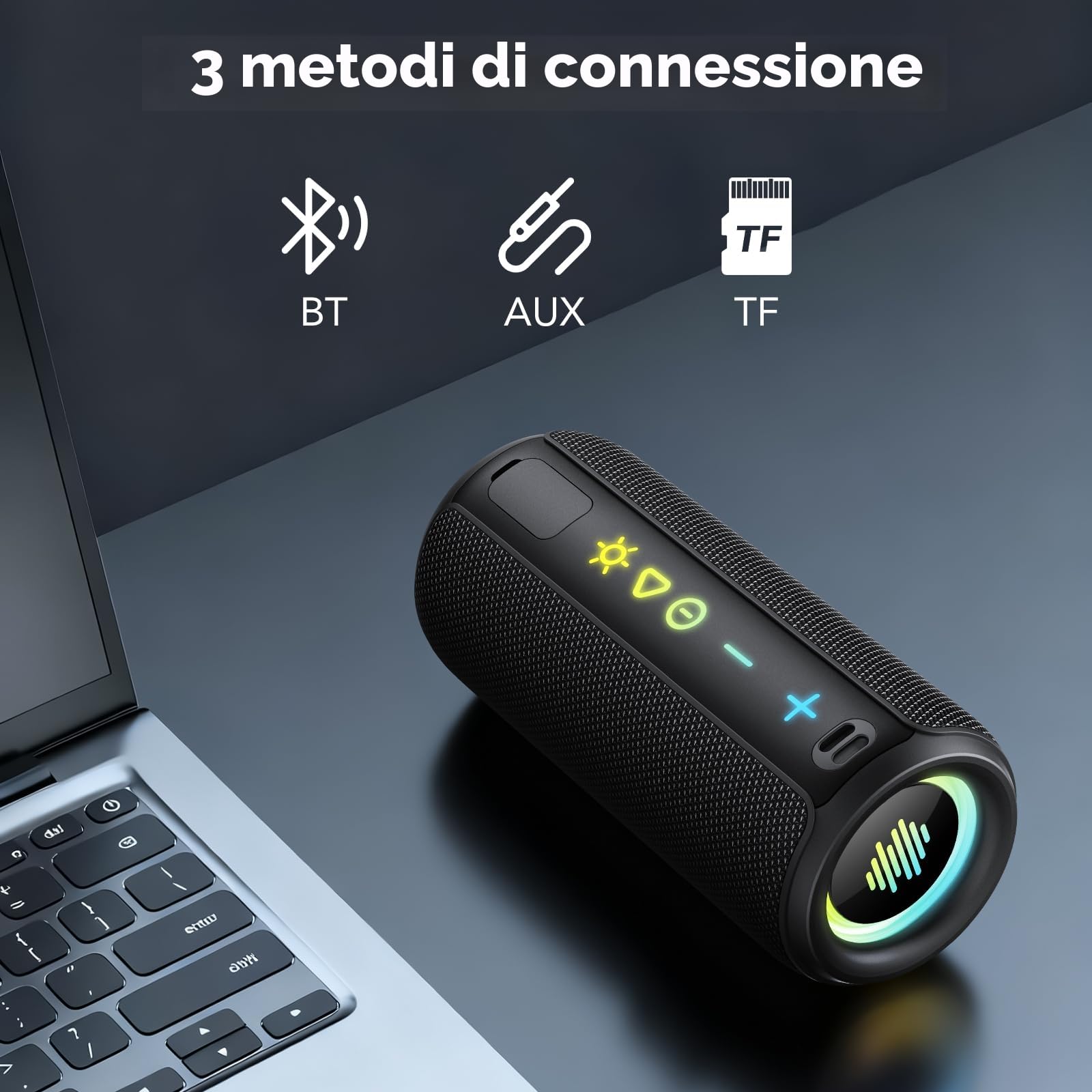 Cassa Bluetooth Portatile Potente, 25W Altoparlante Bluetooth 5.4 con 2 Modalità EQ, IPX7, TWS, 24H di Autonomia Speaker Bluetooth, 8 Modalità RGB, Cinghia da Trekking, Compatibile con PC, AUX, TF