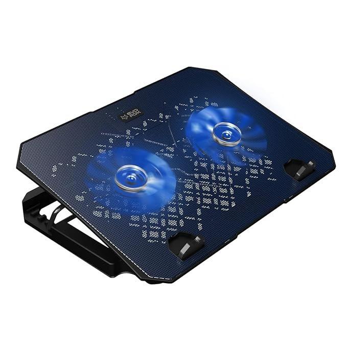 EvoFox Frost Laptop Cooling Pad with 125mm Silent Fans, 5 Adjustment Levels, Silicon Pads, Iron mesh and Blue LED Lights, 2 USB Ports, for Laptops up to 15.6 inches (Black) at Rs. 779