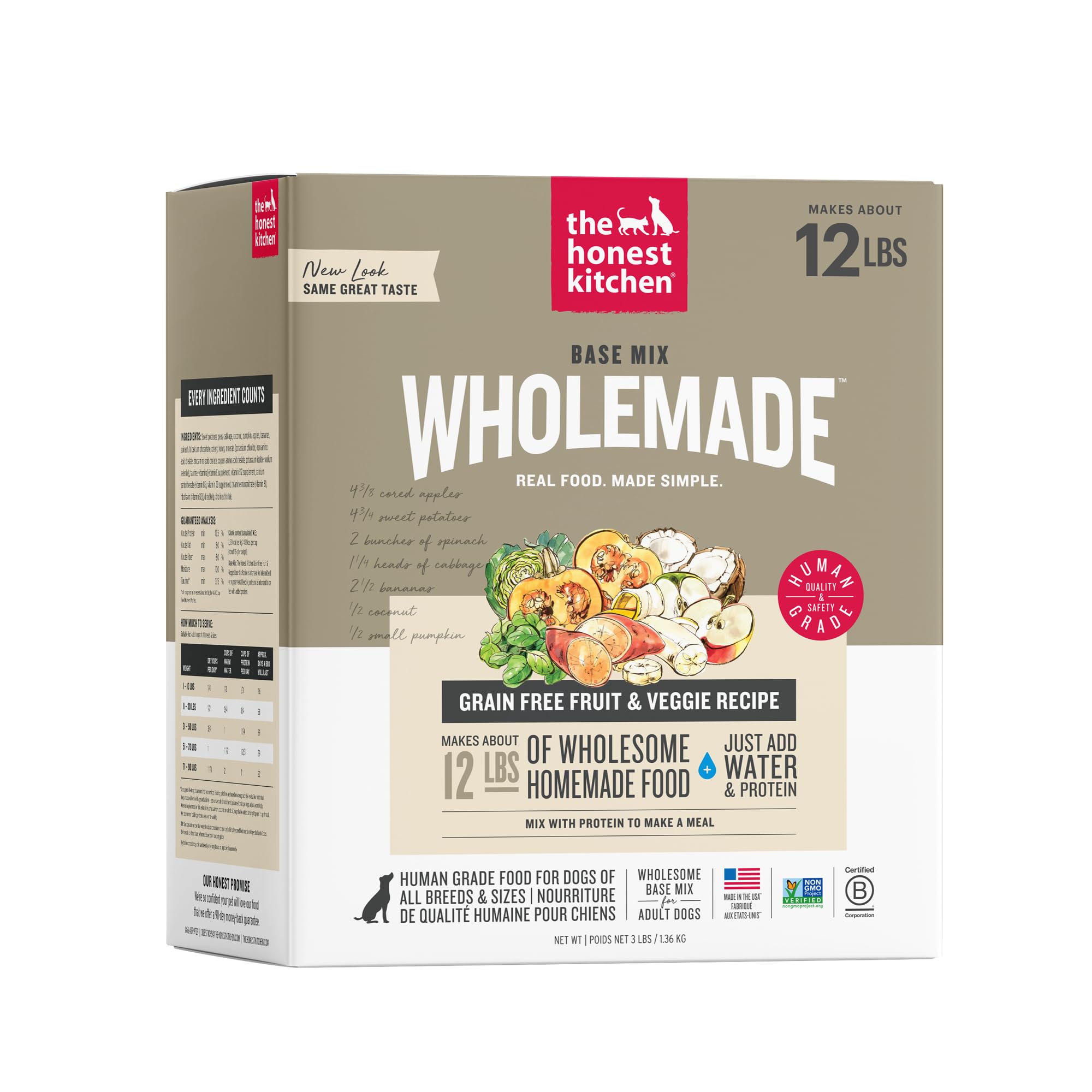 The Honest Kitchen Wholemade Grain Free Dog Food Base Mix, Veggie &amp; Fruit, Human Grade, Easy Homemade Dog Food Starter, Just Add Water, Topper for Dry or Wet Dog Food, 3 lb Bag Makes 12 lbs