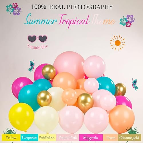 Miniatura 3 de Kit de guirnalda de globos tropicales, 145 globos de color rosa intenso, verde azulado, amarillo, rosa, globos de flamenco y hojas de palmera para