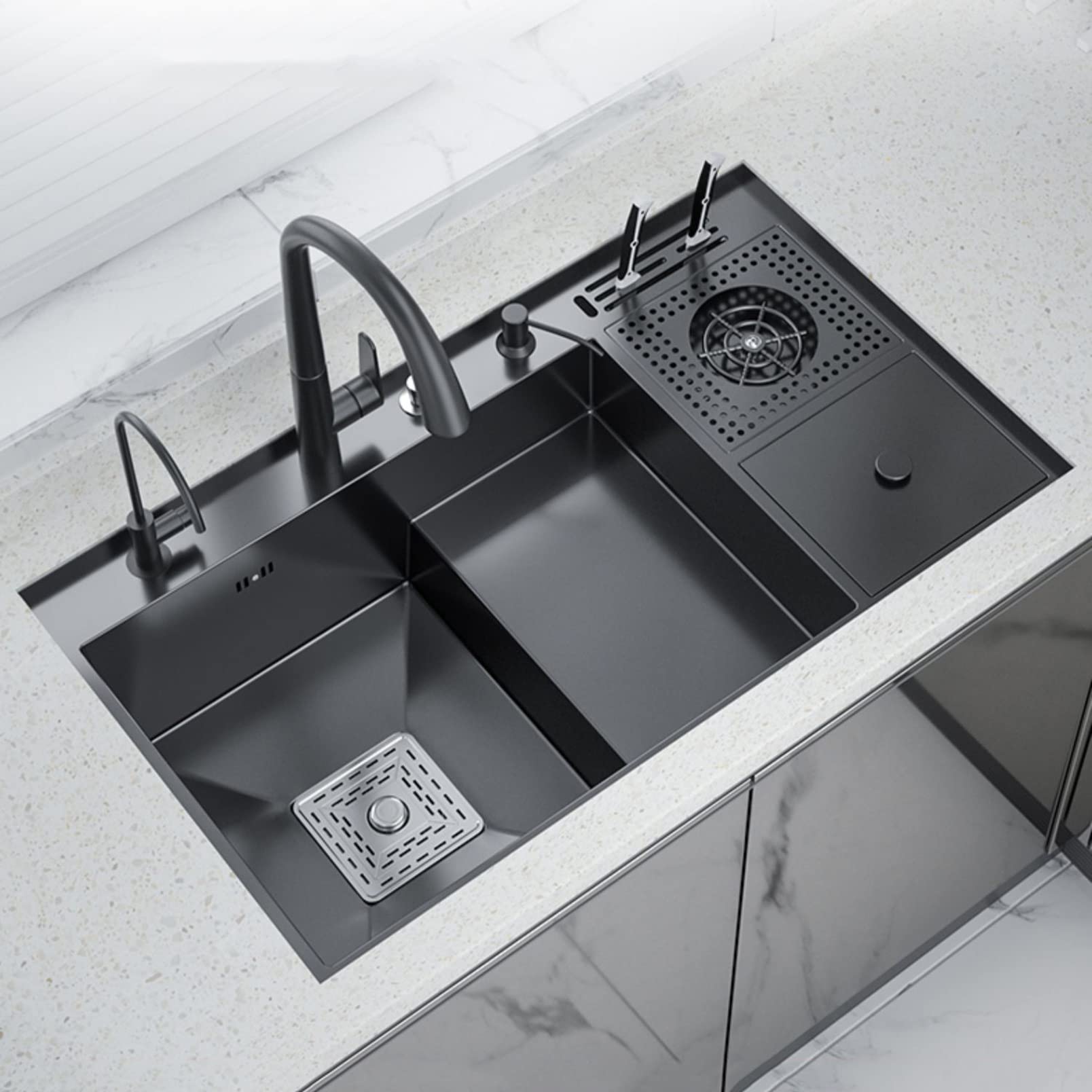 Lavello da Cucina in Acciaio Inossidabile Fatto A Mano, Lavello Ad Alta Pressione con Rubinetto + Lavatrice per Bicchieri sul Palco