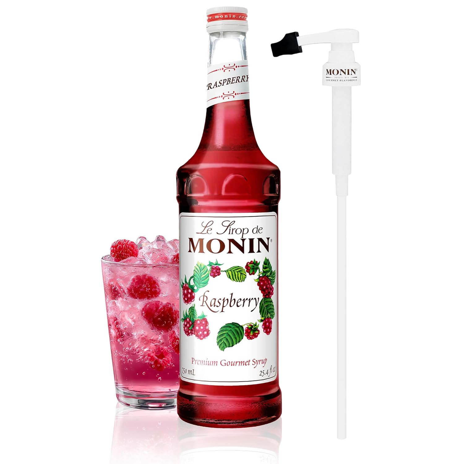 Monin - Raspberry Syrup with Monin BPA Free Pump, Boxed, Sweet and Tart, Great for Cocktails and Lemonades, Gluten-Free, Non-GMO (750 ml)