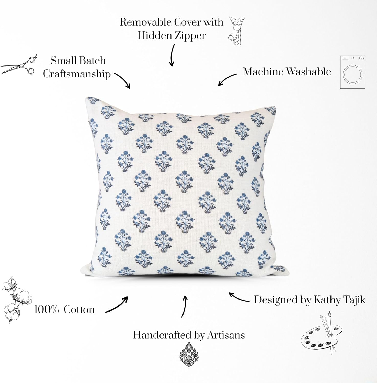 Tajik Home Isabella Blue Block Print Pillow Cover – 22x22, 100% Cotton Floral Cushion Cover with Zipper, Handcrafted Design for Sofa, Bed, or Chair – Coastal & Farmhouse Style