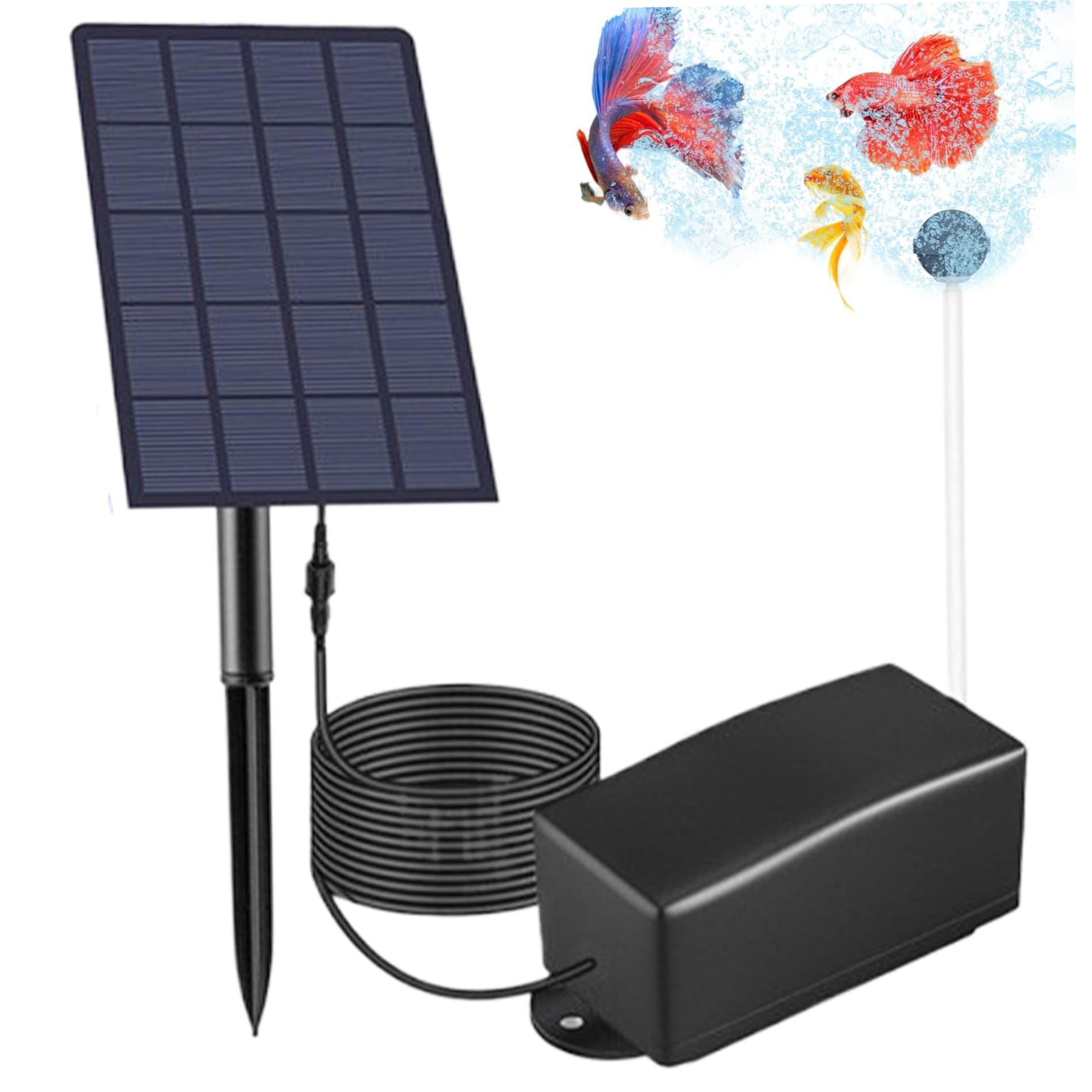BEAHING Solar Pond Aerator, 6V 2W 2 Air Bubble Stones IP64 Waterproof Solar Pond with 118in Connection Cable Pond Air Aerator Outdoor for Fish Tank, Outdoor Pond, Solar Pond