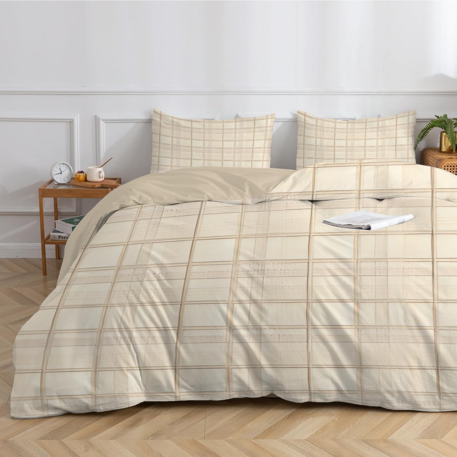 Dyausi Beige Emperor Duvet Cover Set Striped Plaid Bedding Set 3Pcs With Zipper Closure Reversible Microfiber Quilt Cover 290X235cm And 2 Pillowcases 50X75cm - Emperor