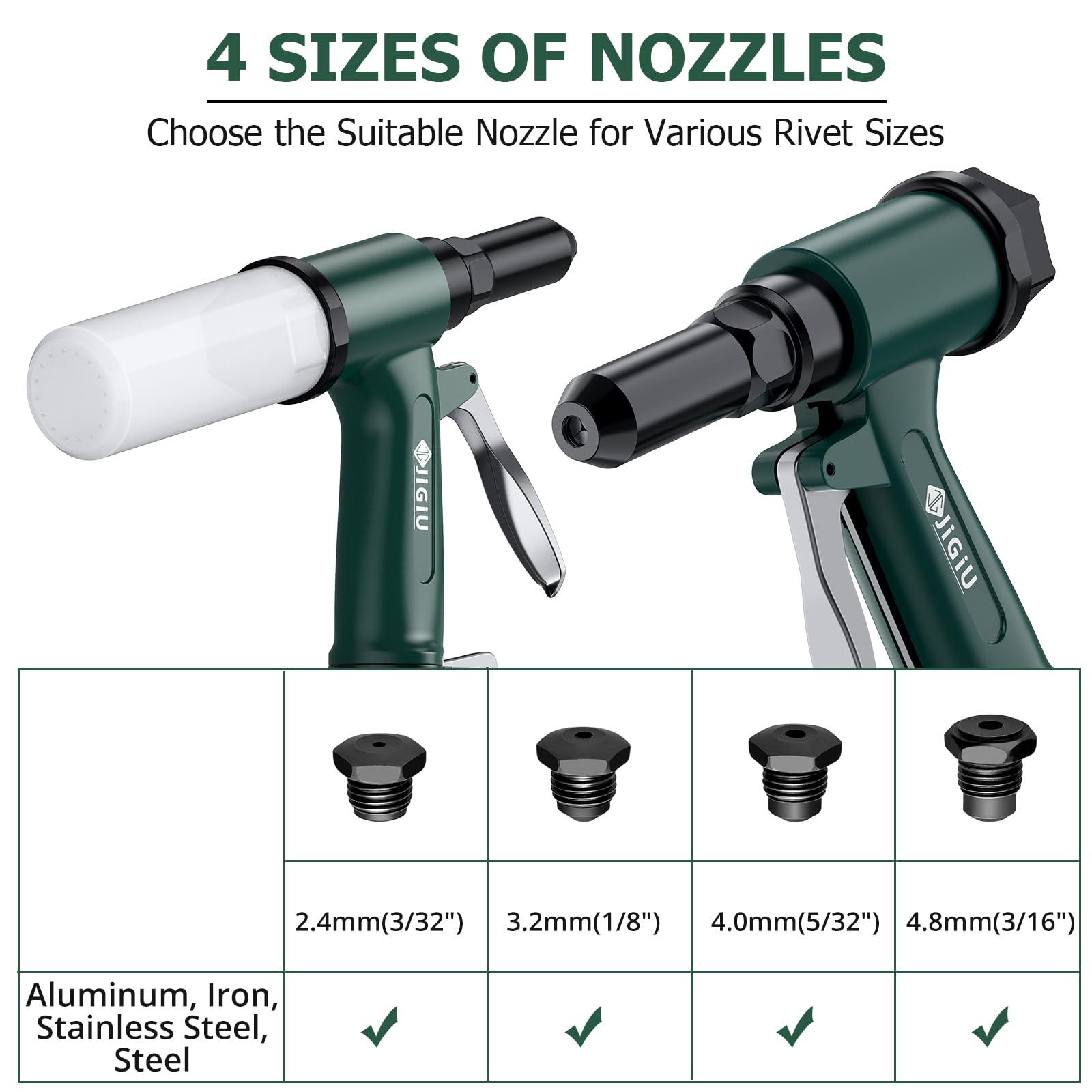 JiGiU Zestaw szczypiec do nitowania na sprężone powietrze, z 4 ustnikami, pistolet do nitowania pneumatycznego 2,4-4,8 mm (zielone)