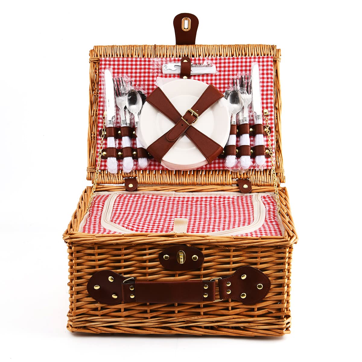 Cesta de Picnic Willow Hamper para 4 Personas, con una Caja de refrigeración aislada y una Manta Impermeable, un Paquete de Servicio de vajilla