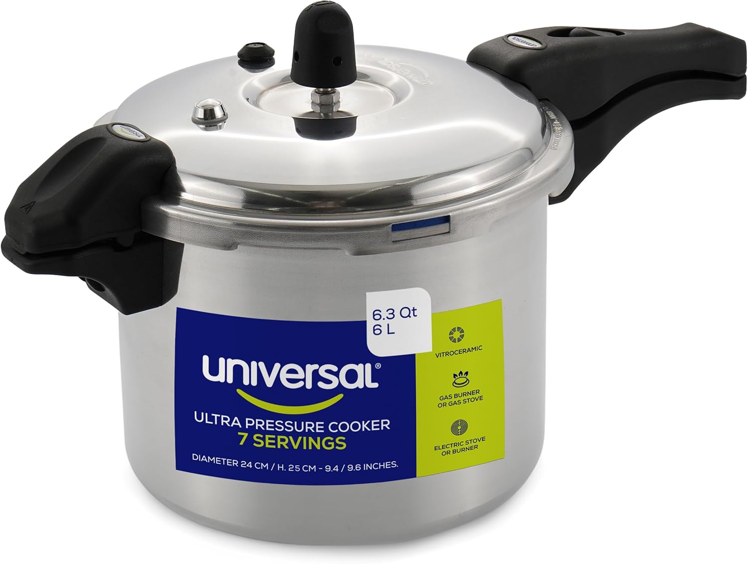 Universal (6.3 Quart / 6 Liter) Ultra Pressure Cooker, Pressure Pot with 6 Safety Systems, Aluminum Pressure Cooker for 7 Servings, Even Heat Distribution, Diameter 9.4 inches, Height 9.6 inches