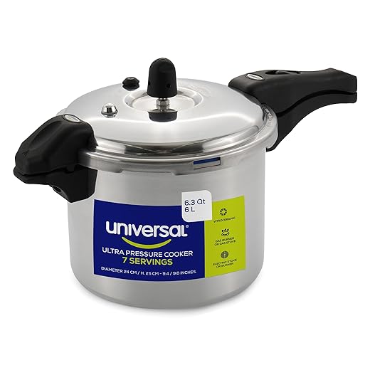 Universal (6.3 Quart / 6 Liter) Ultra Pressure Cooker, Pressure Pot with 6 Safety Systems, Aluminum Pressure Cooker for 7 Servings, Even Heat Distribution, Diameter 9.4 inches, Height 9.6 inches