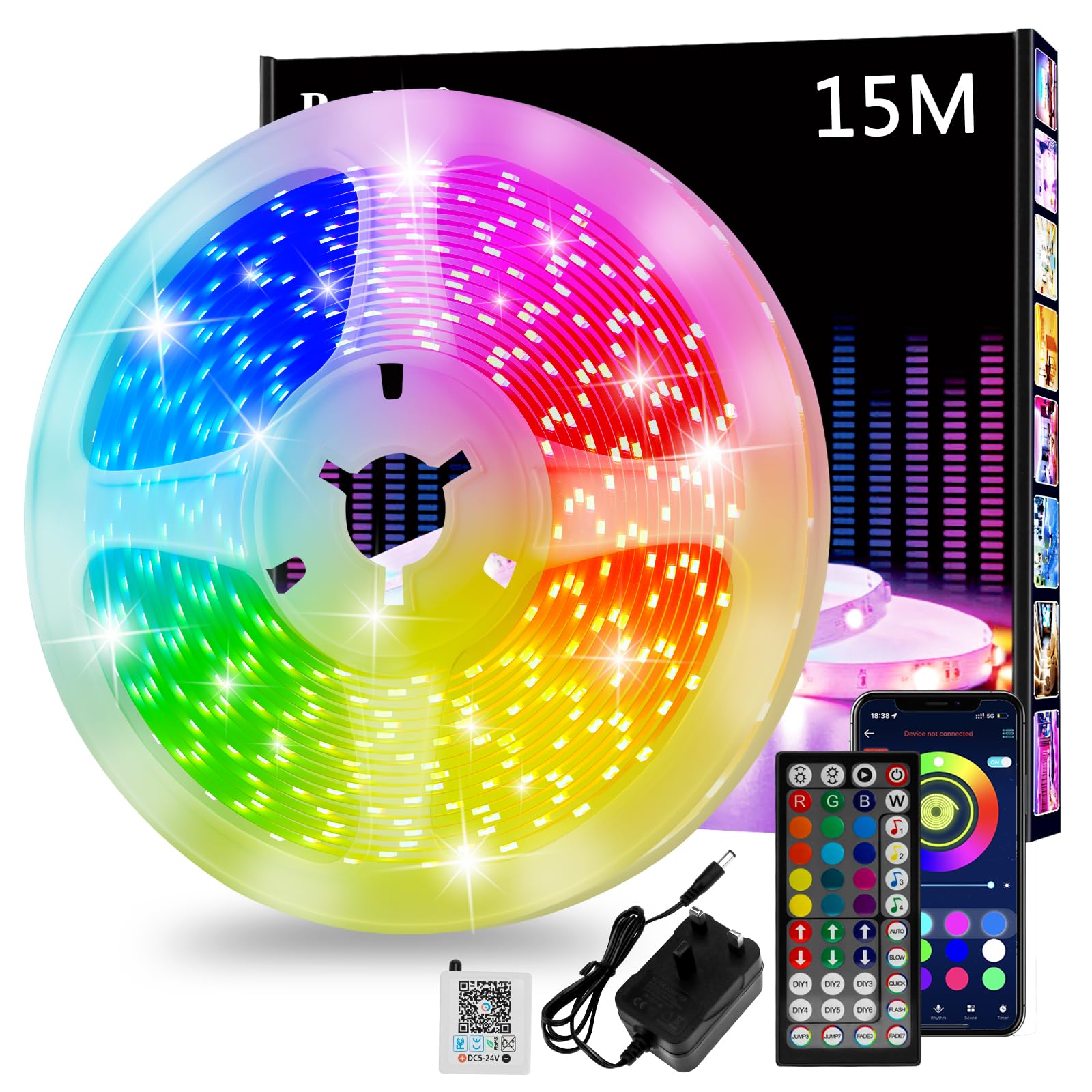 Realky Nastro Led 15M, Striscia Led RGB, Led Camera Luminosa Flessibile Multicolore con Telecomando 44 Tasti, Utilizzato per la decorazione della casa della camera da letto