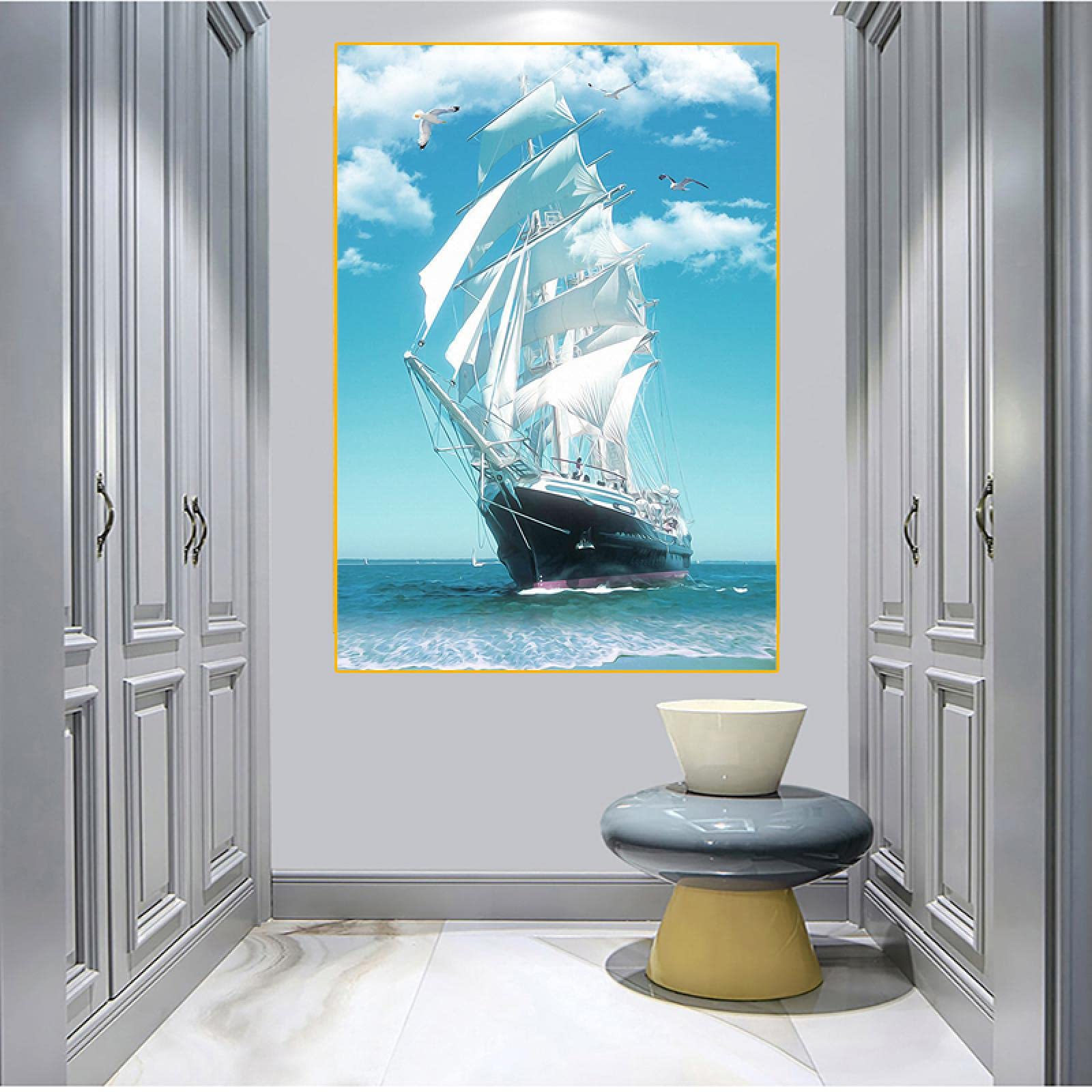 Amazon.co.jp: キャンバスの絵画航海の白い帆船の絵のプリントと