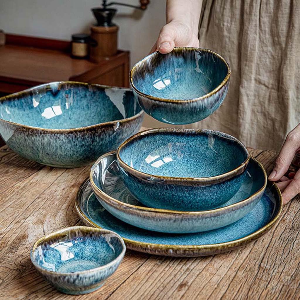 Insalatiera in Ceramica Irregolare da 9,5 Pollici, Set Completo di Piatti, Ciotola Smaltata in Forno retrò in Stile Ristorante